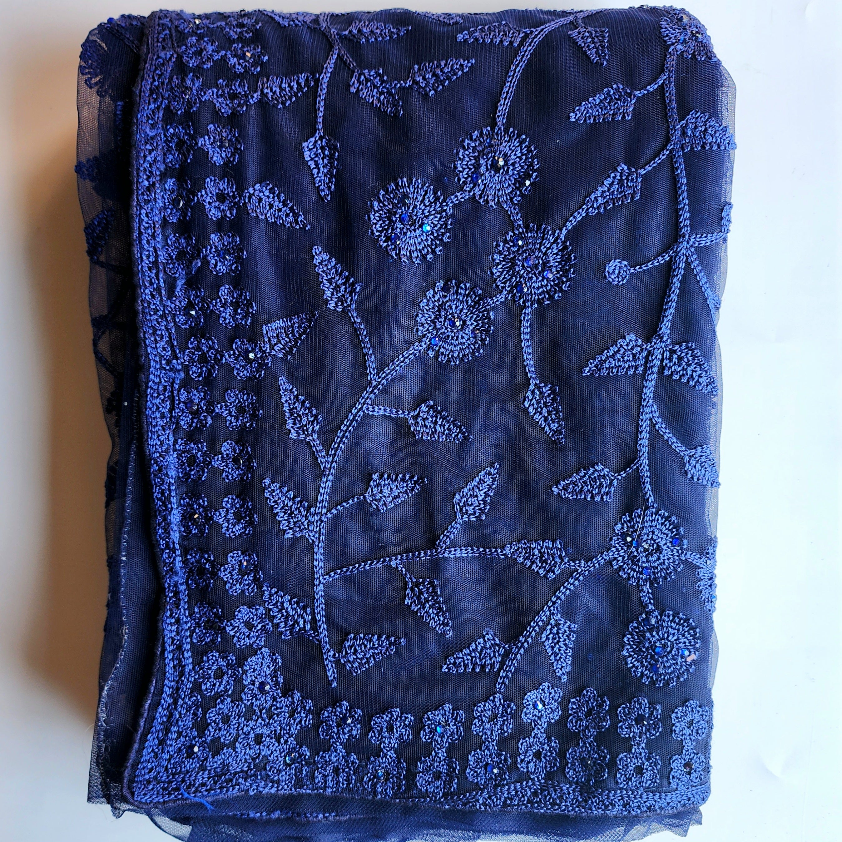 Embroidered Net Designer Saree in Dark Blue