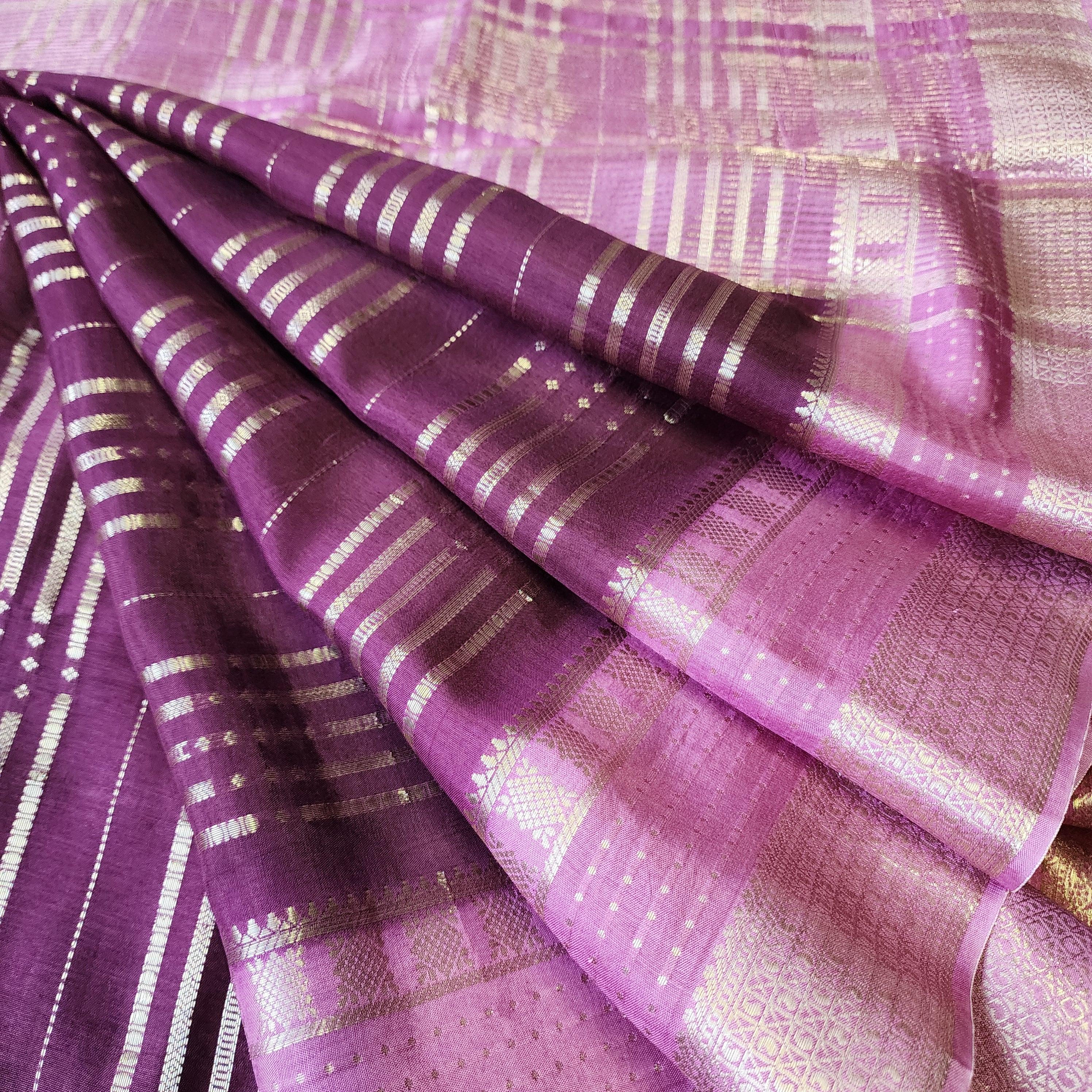 Deep Plum Crepe Georgette Silk Saree with Gold Zari Detailing