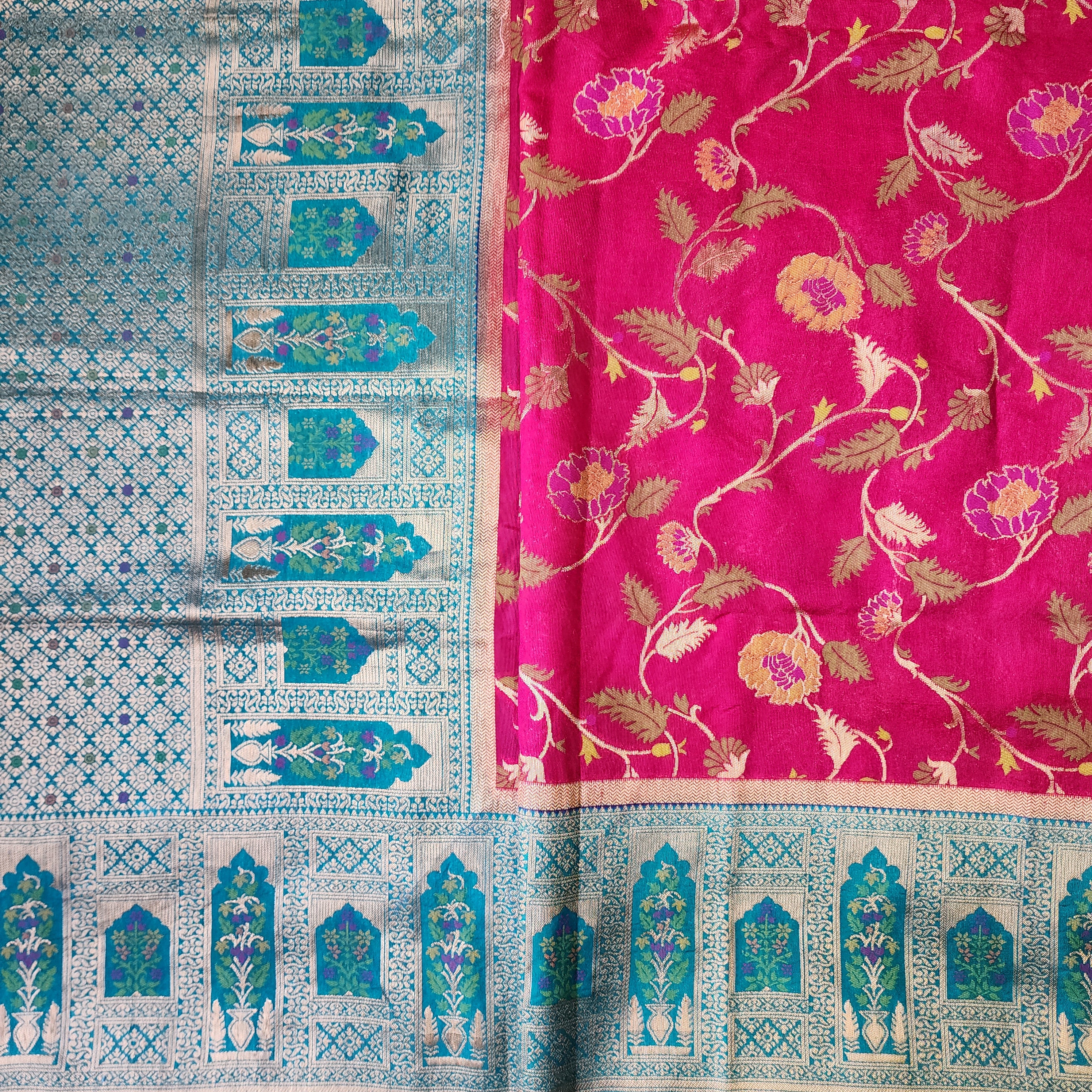 Rani Pink Dupion Patola with Turquoise Blue Border & Heavy Gold Zari