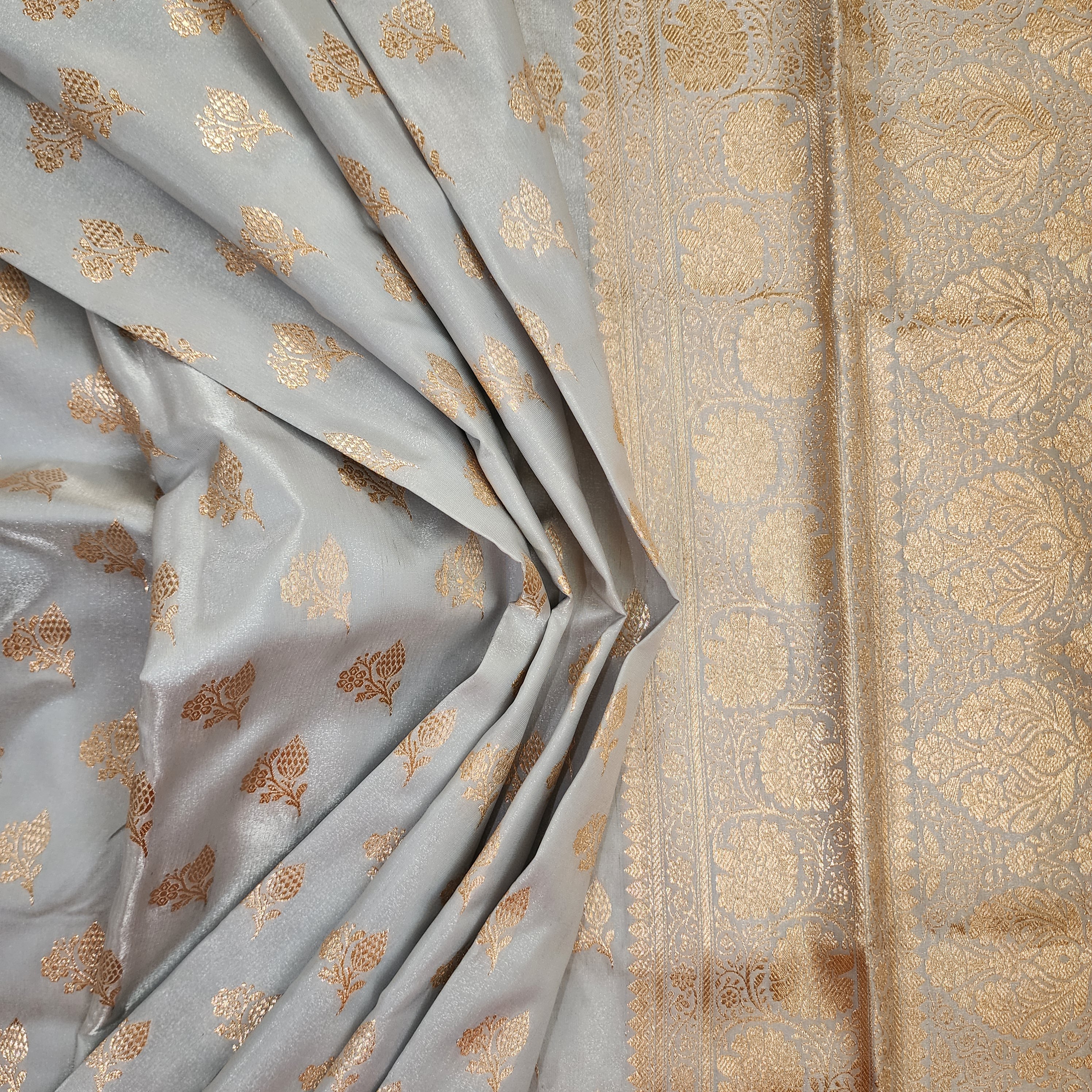 Rich Silver Grey Banarasi Silk Saree with Gold Zari Weaving