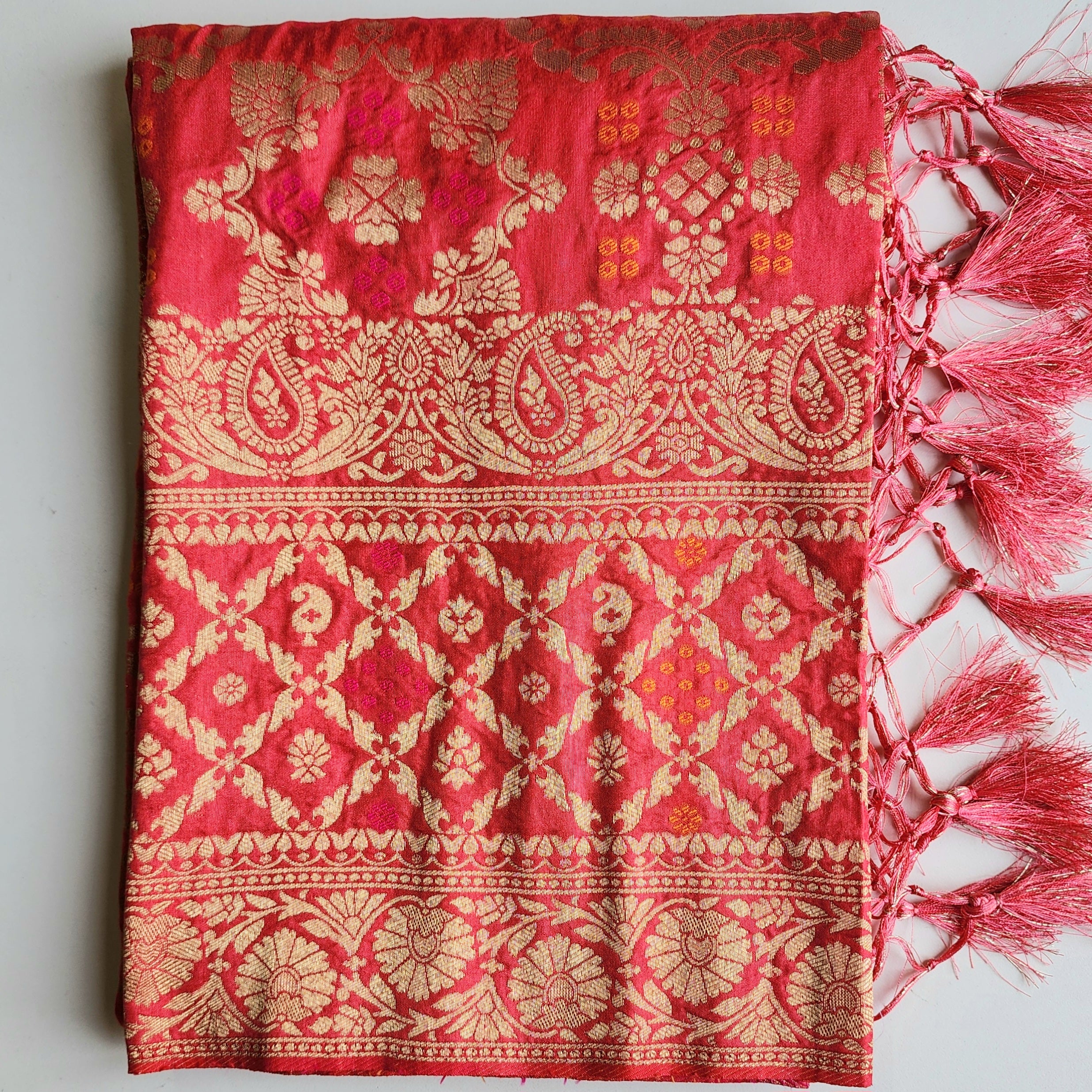 Rose Pink Bandhani Dupatta with Floral and Geometric Zari Weave