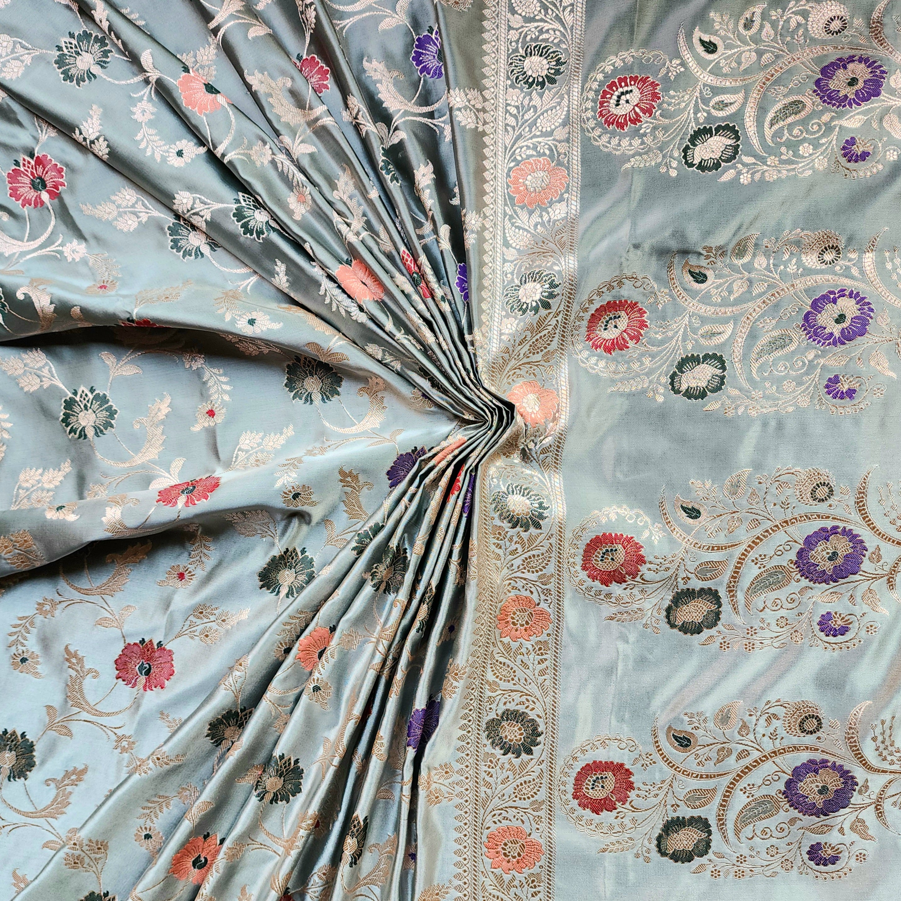 Enriched Banarasi Katan Silk Saree | Sea Green Multicolor Meenakari Floral Jaal