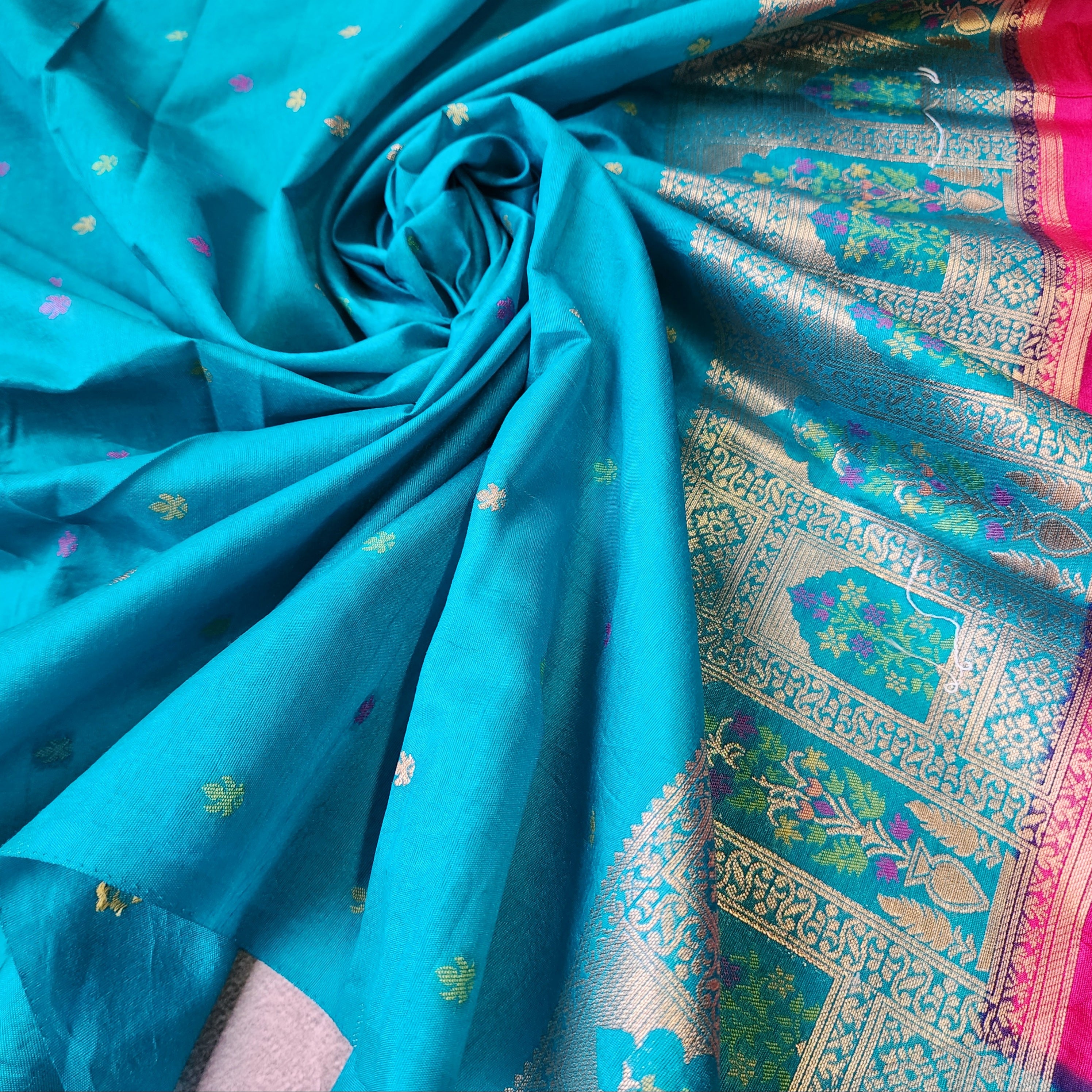 Rani Pink Dupion Patola with Turquoise Blue Border & Heavy Gold Zari