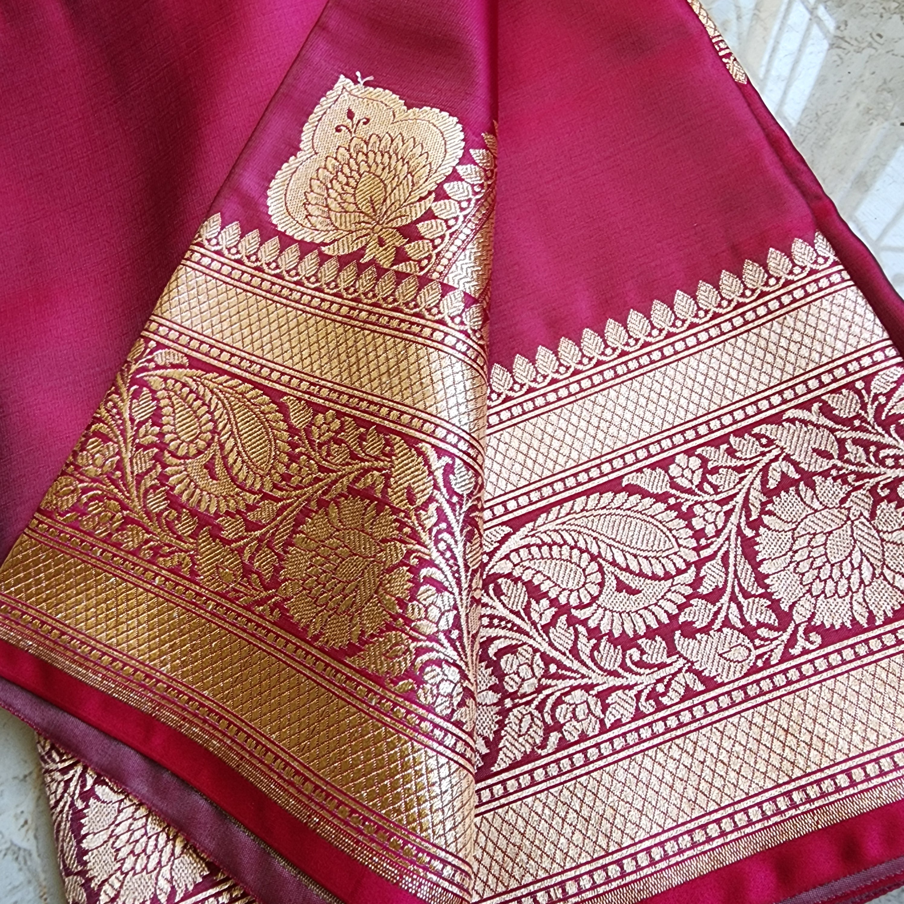 Hot Pink Pure Banarasi Katan Silk Saree with light Gold Zari Weaving