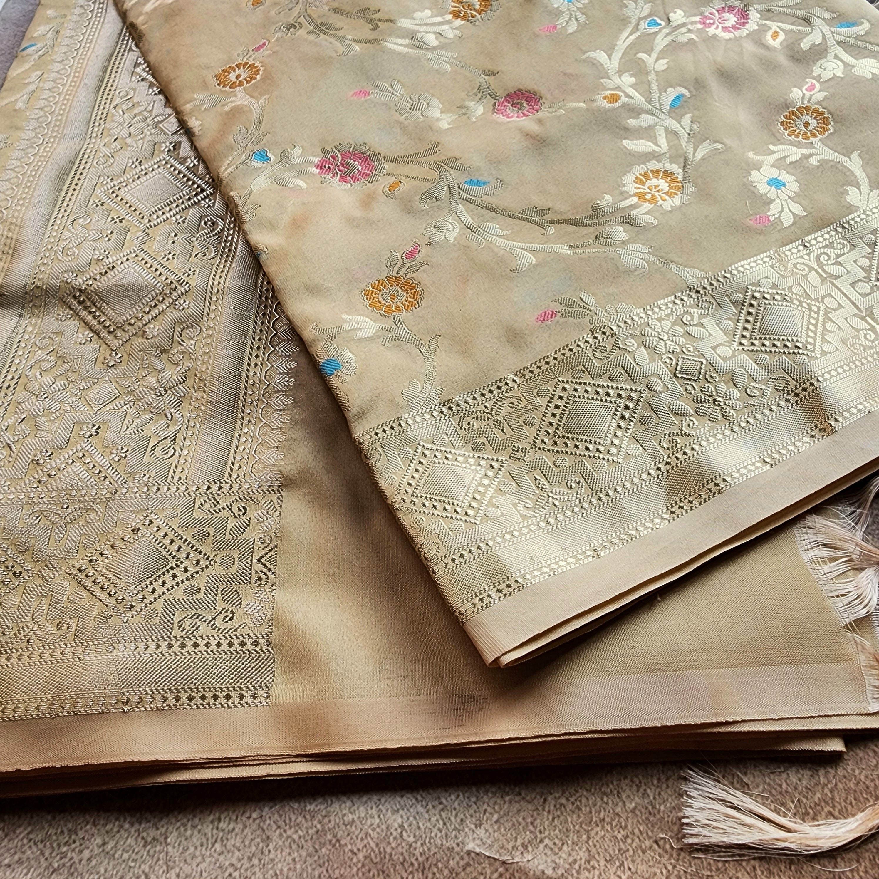 Golden Grid Banarasi Silk Dupatta with Meenakari Work in Beige