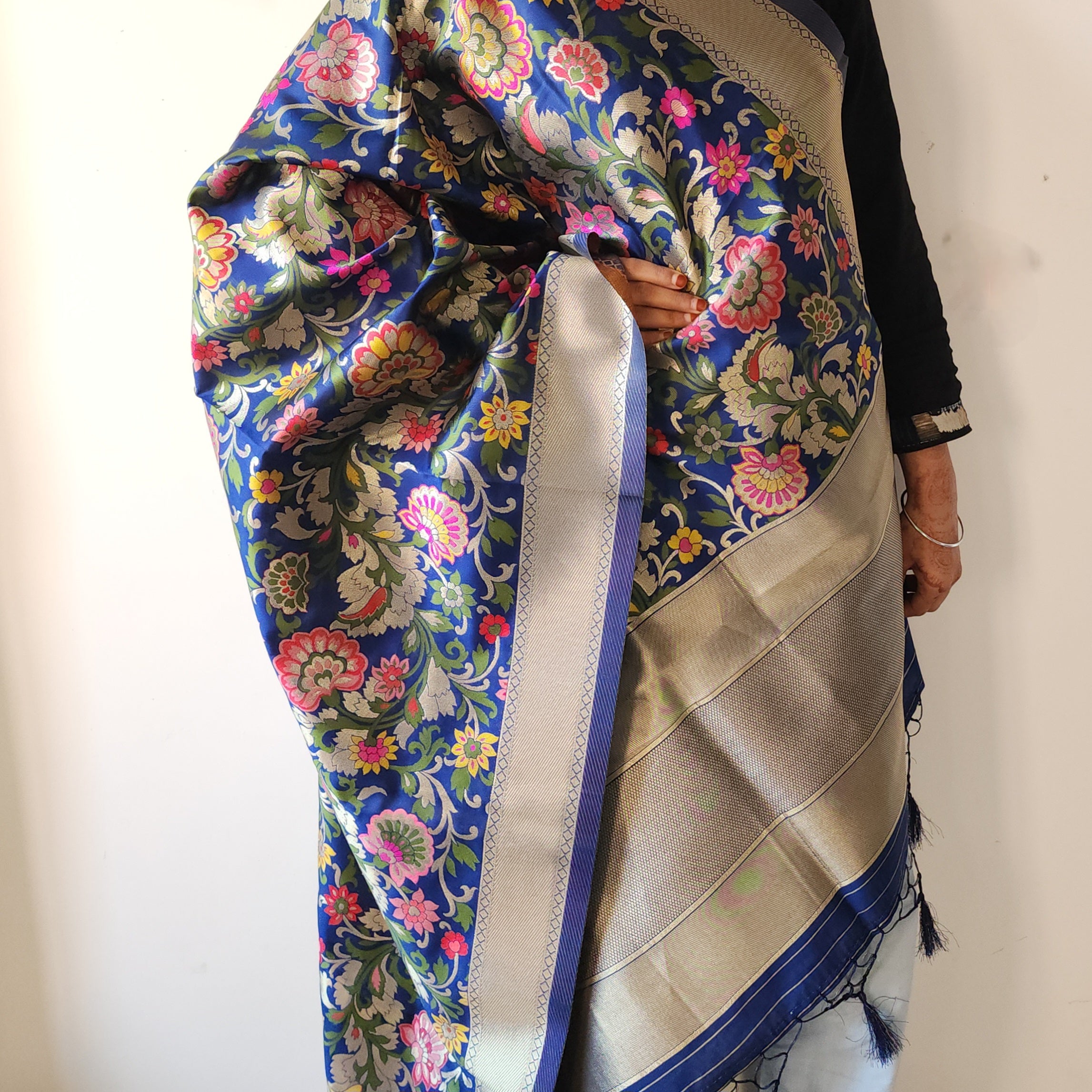 Banarasi Silk Navy Blue Dupatta with Multicolor & Gold Floral Handweaving