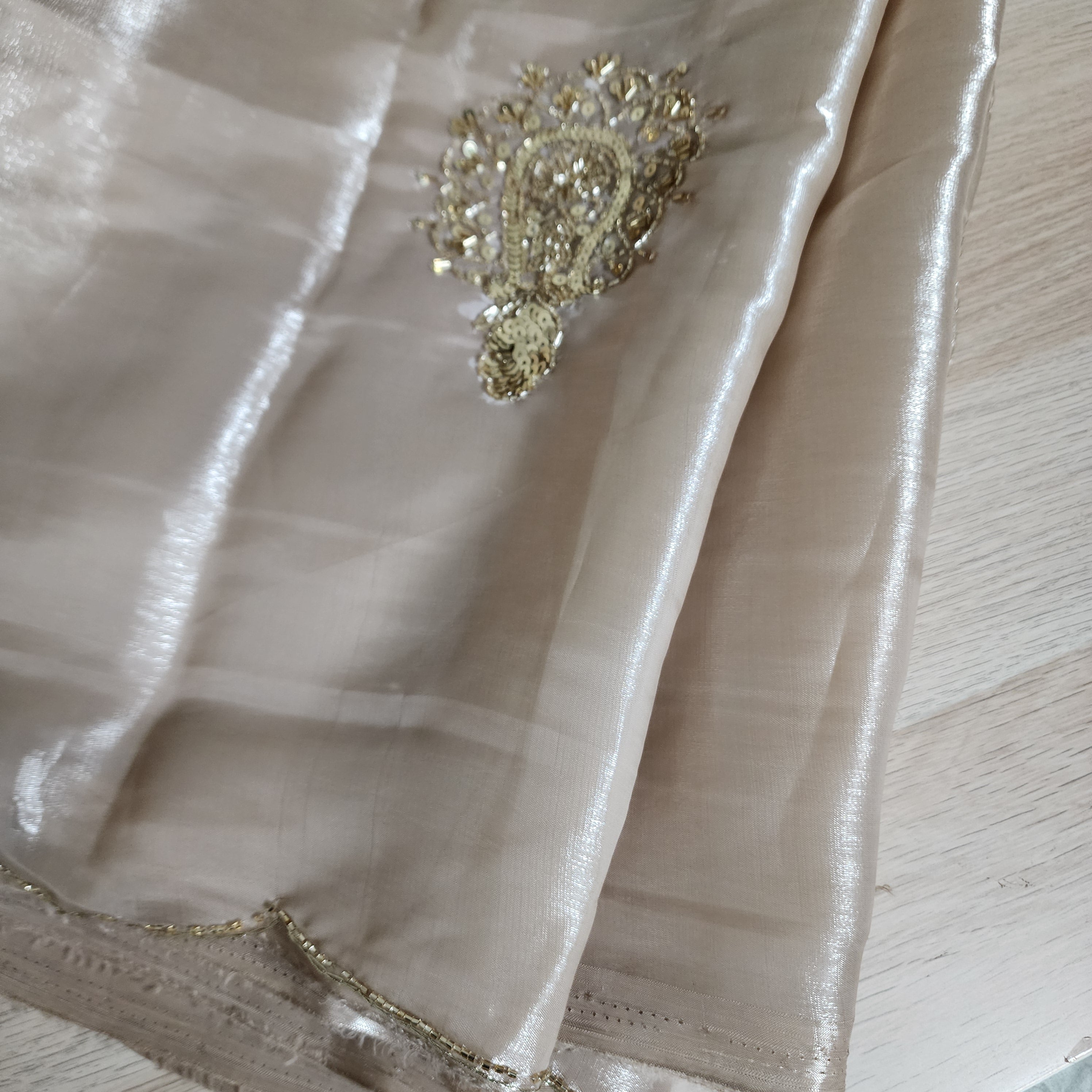 Glossy Metallic Tissue Silk Saree with Hand Embroidery