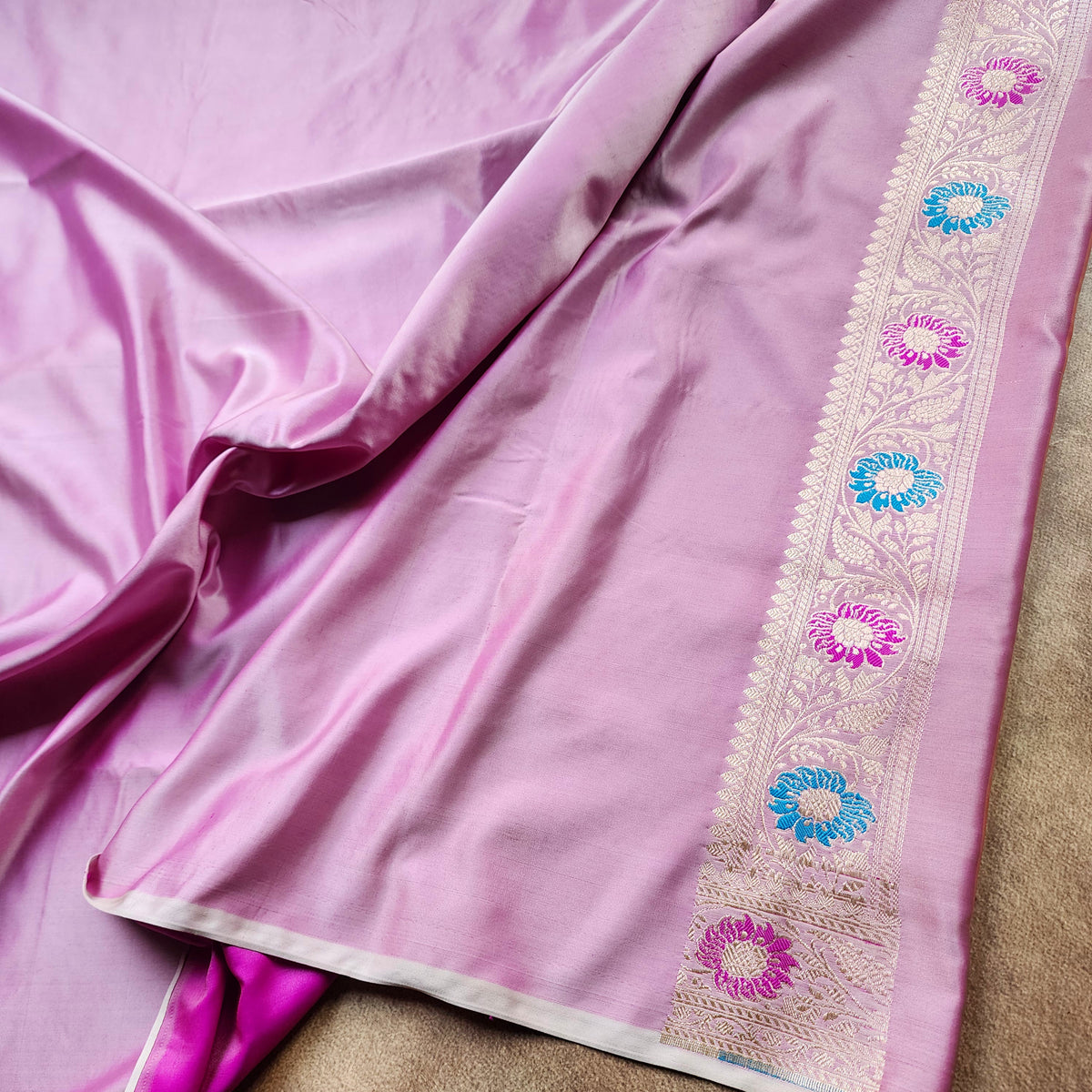 Enriched Banarasi Katan Silk Saree | Soft Lavender Pink Multicolor Meenakari Floral Jaal