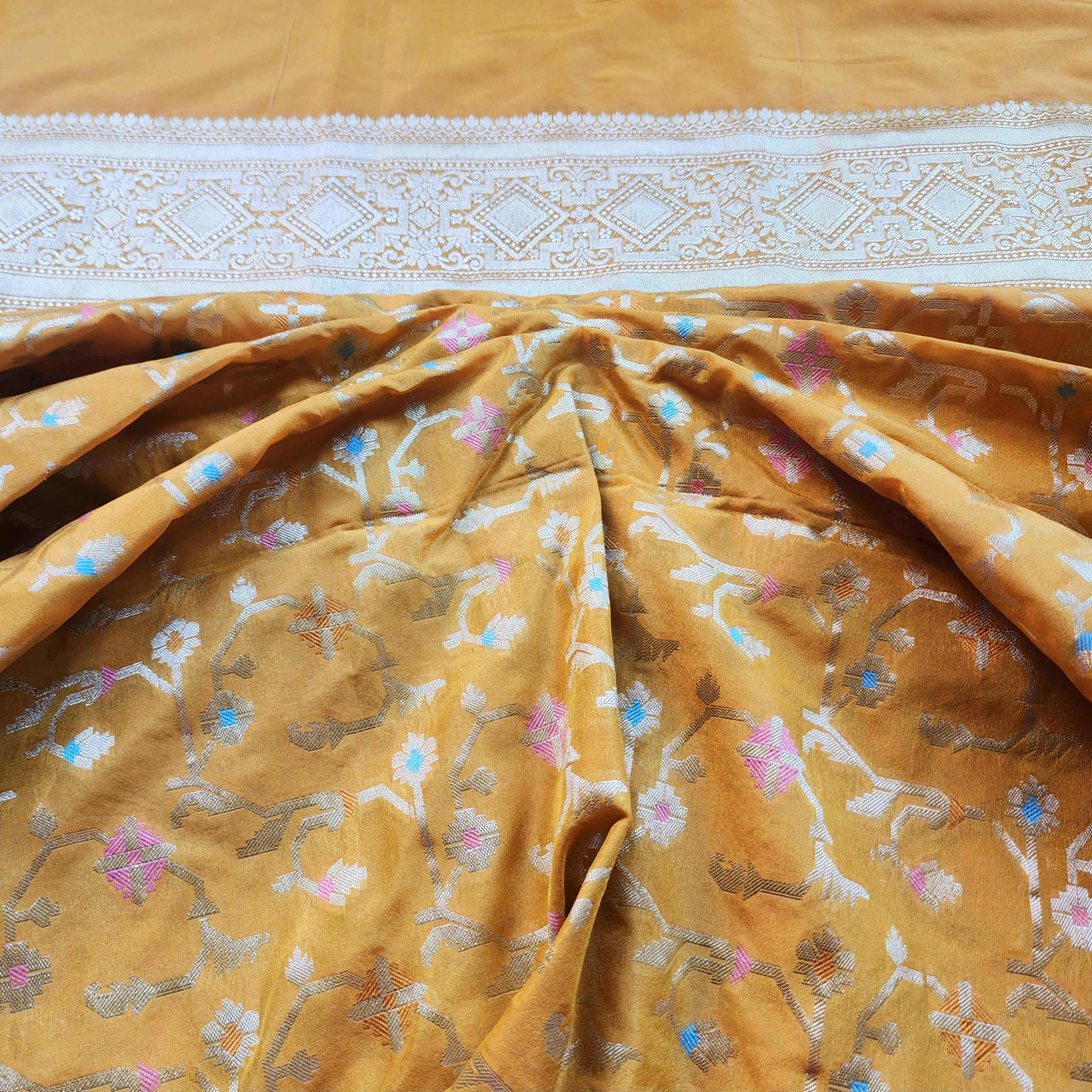 Golden Grid Banarasi Silk Dupatta with Meenakari Work in Mustard Yellow