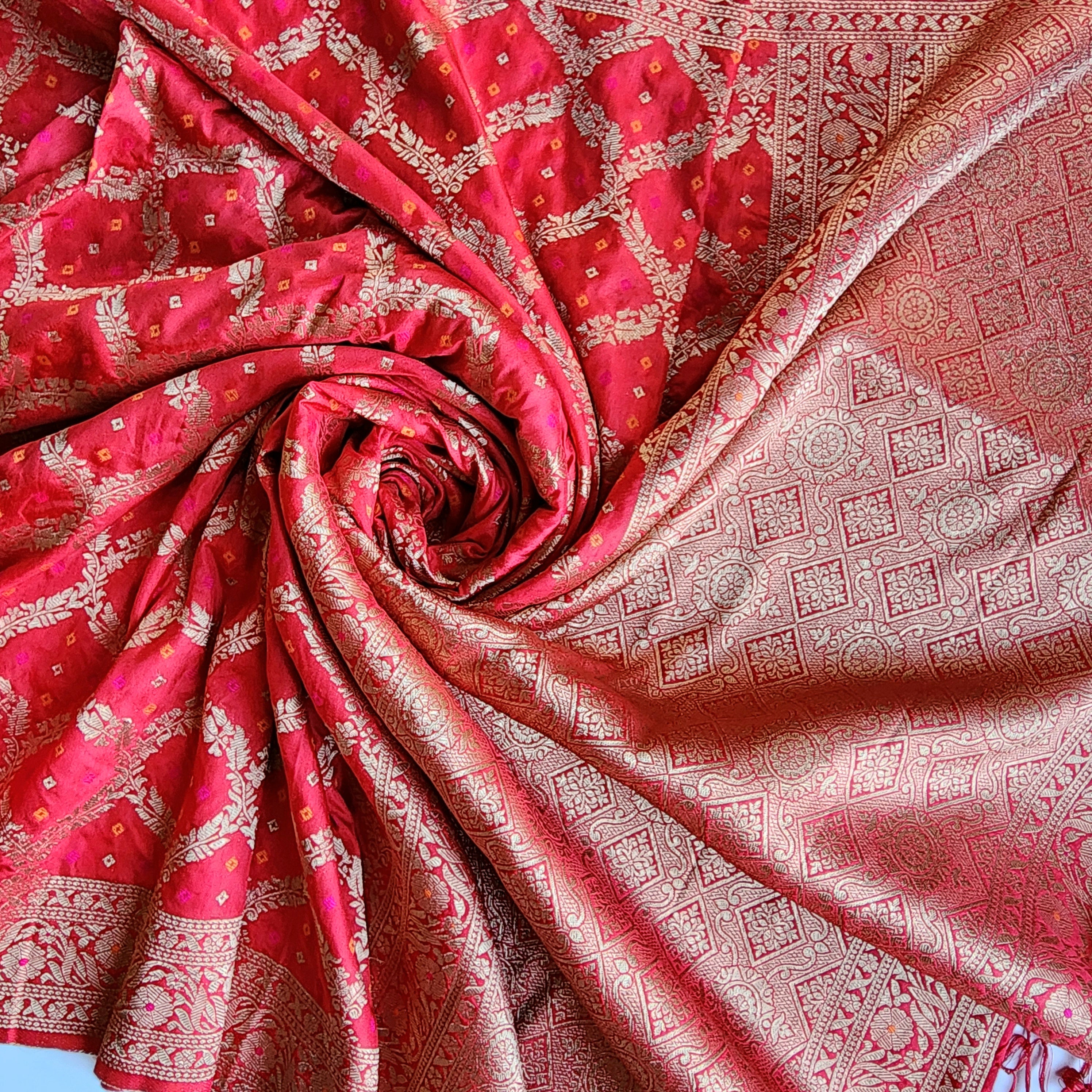 Crimson Red Bandhani Dupatta with Traditional Jaal