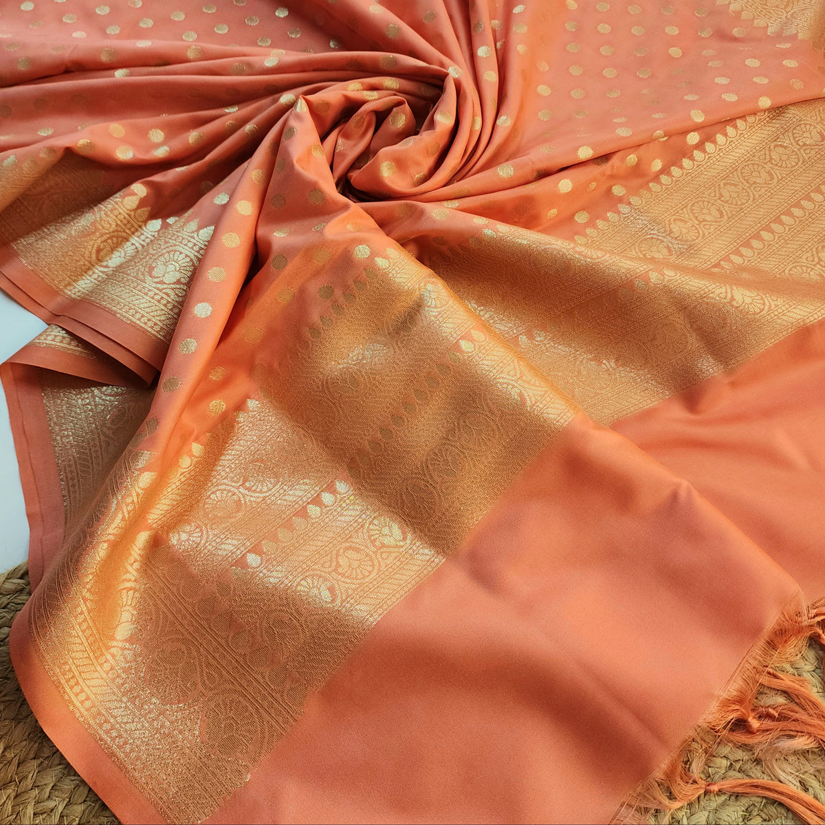 Coral Peach Banarasi Silk Dupatta with Gold Polka Dot