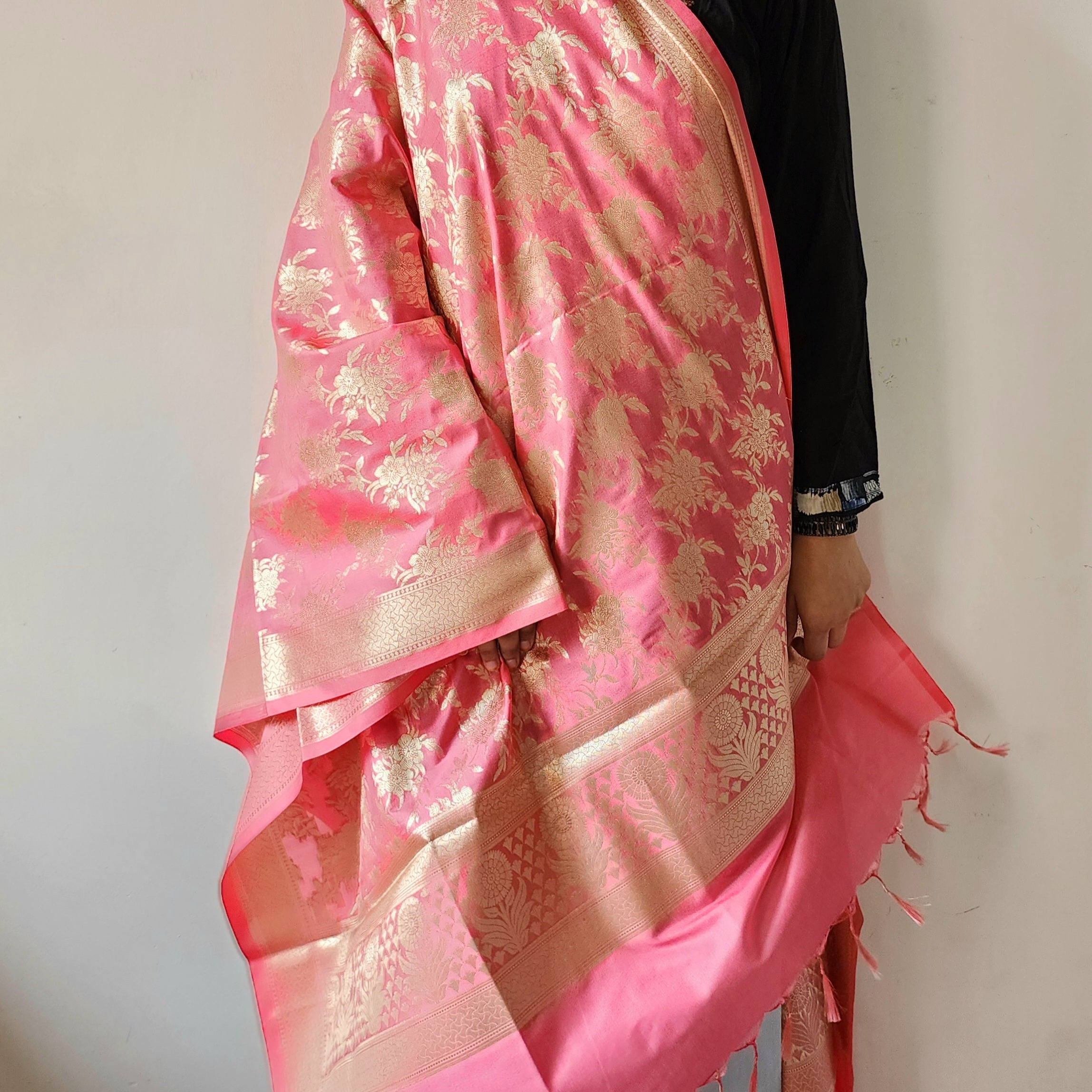 Cerise Pink Banarasi Dupatta - Floral Brocade Zari