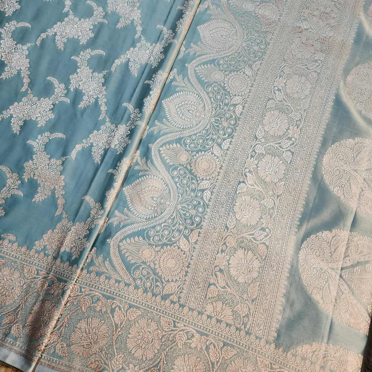 Dusty Blue Banarasi Katan Silk Saree with Floral Vine Jaal