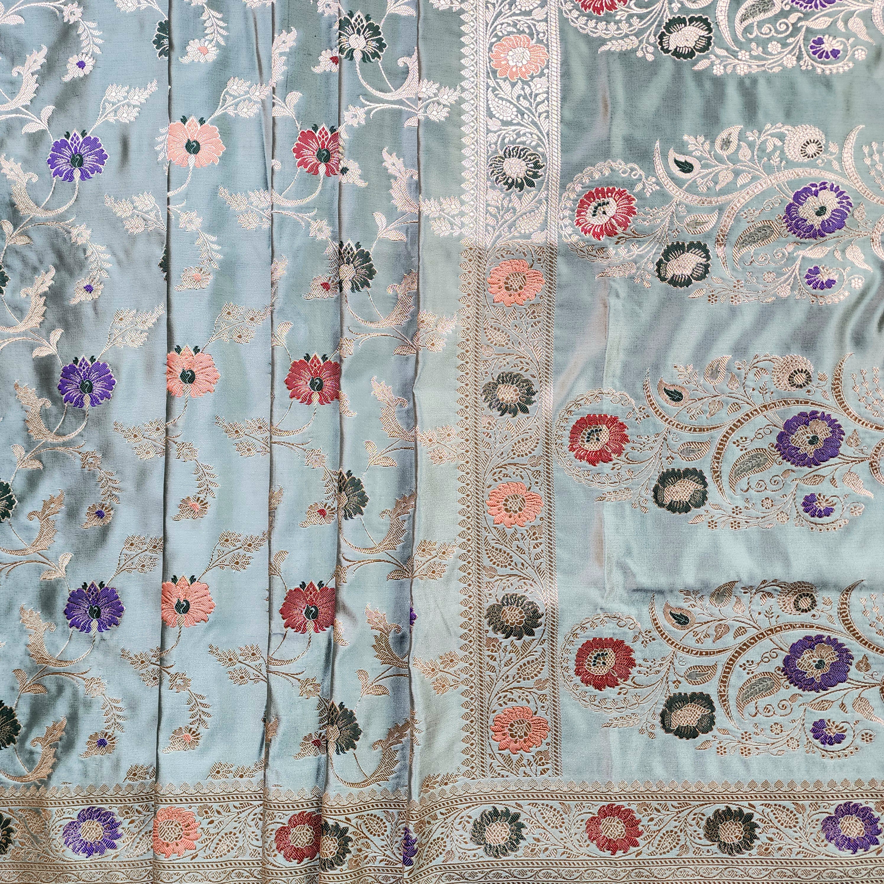 Enriched Banarasi Katan Silk Saree | Sea Green Multicolor Meenakari Floral Jaal