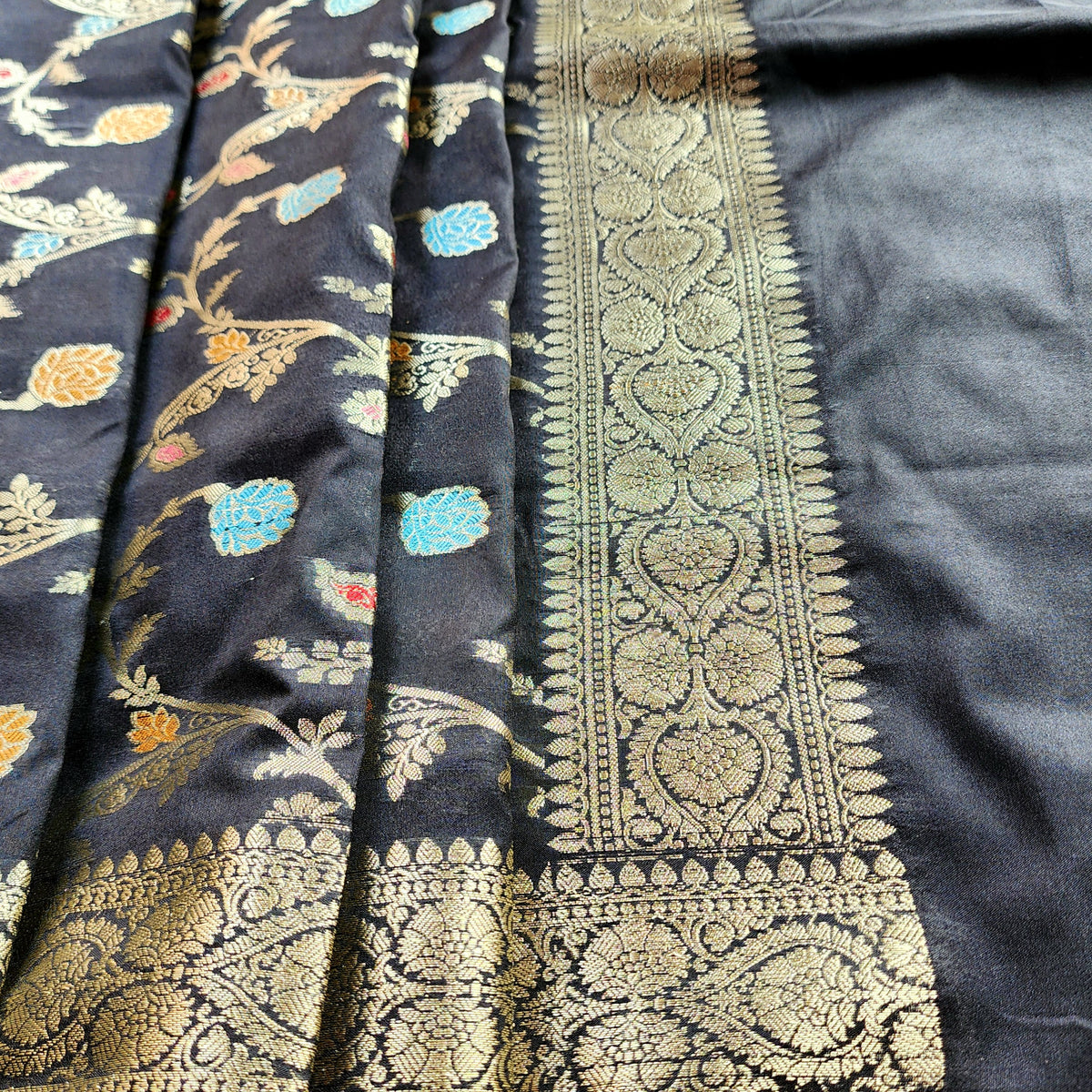 Black Banarasi Silk Dupatta with Gold Zari Border & Multicolor Meenakari Work