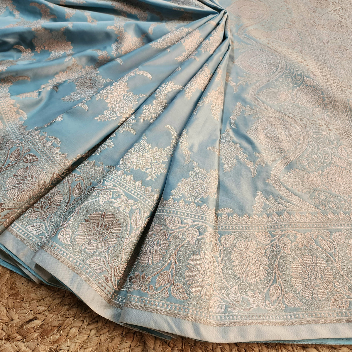 Powder Blue Banarasi Katan Silk Saree with Floral Vine Jaal