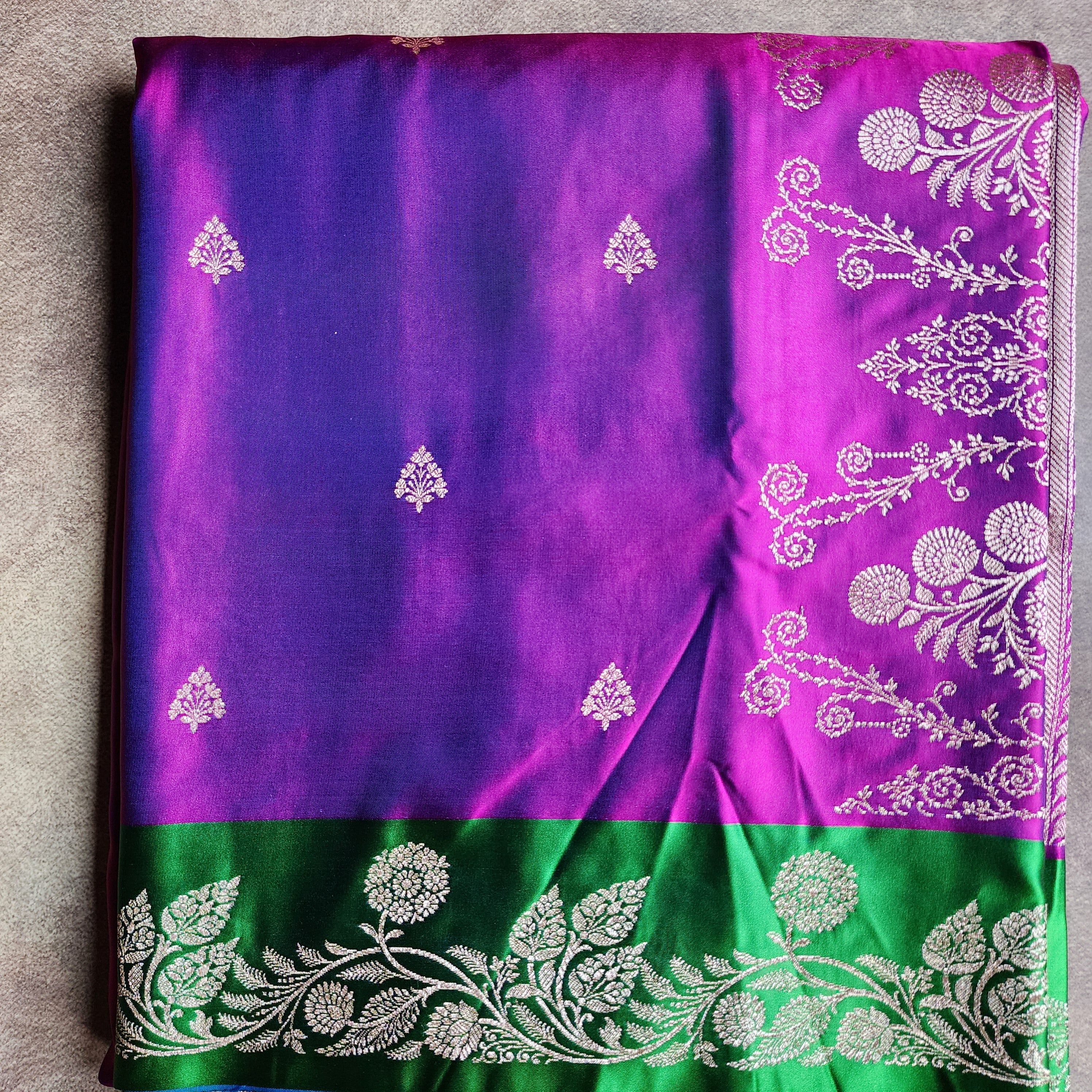 Royal Purple Pure Banarasi Katan Silk Saree with Leaf Green Border