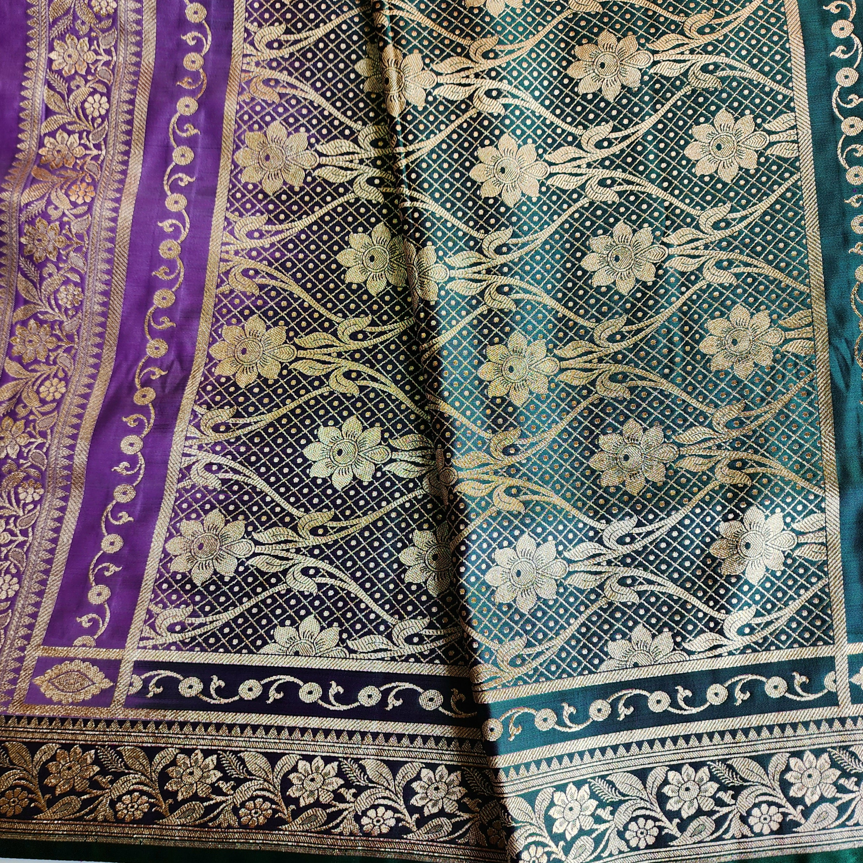 Lavender Katan Silk Saree with Emerald Green and Gold Zari Border