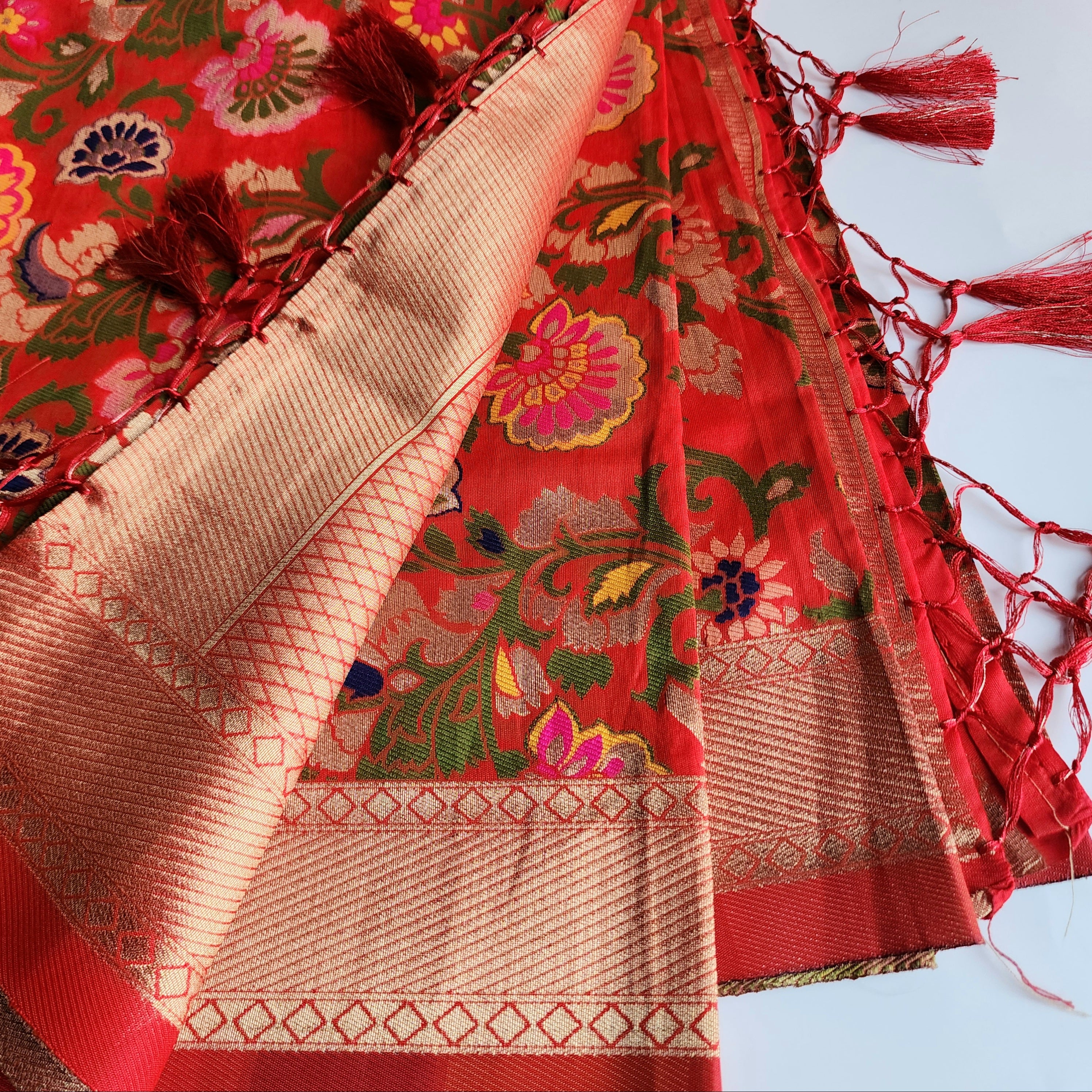 Banarasi Silk Bridal Red Dupatta with Multicolor & Gold Floral Handweaving