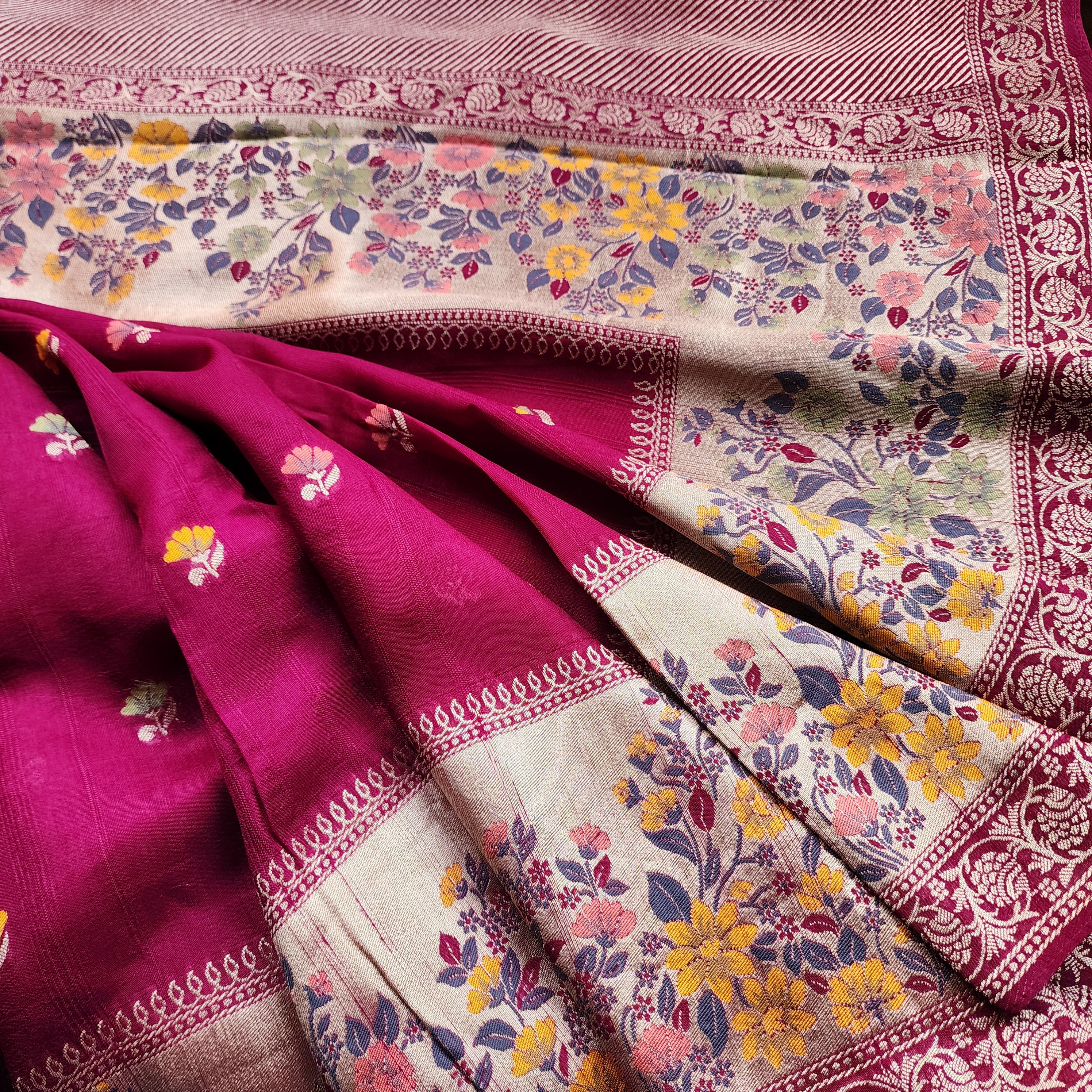Soft Wine Raw Silk Saree With Pastel Floral Weaving and Off White Border