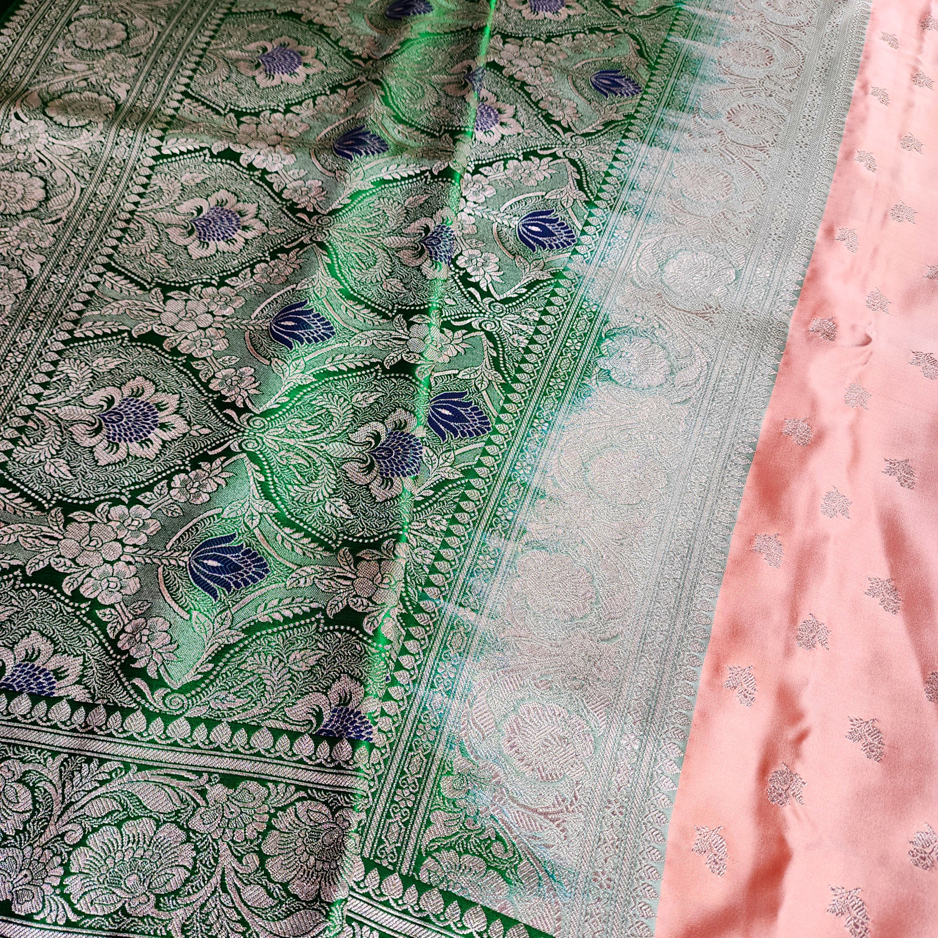 Peach Pure Banarasi Katan Silk Saree with light Gold Zari Weaving