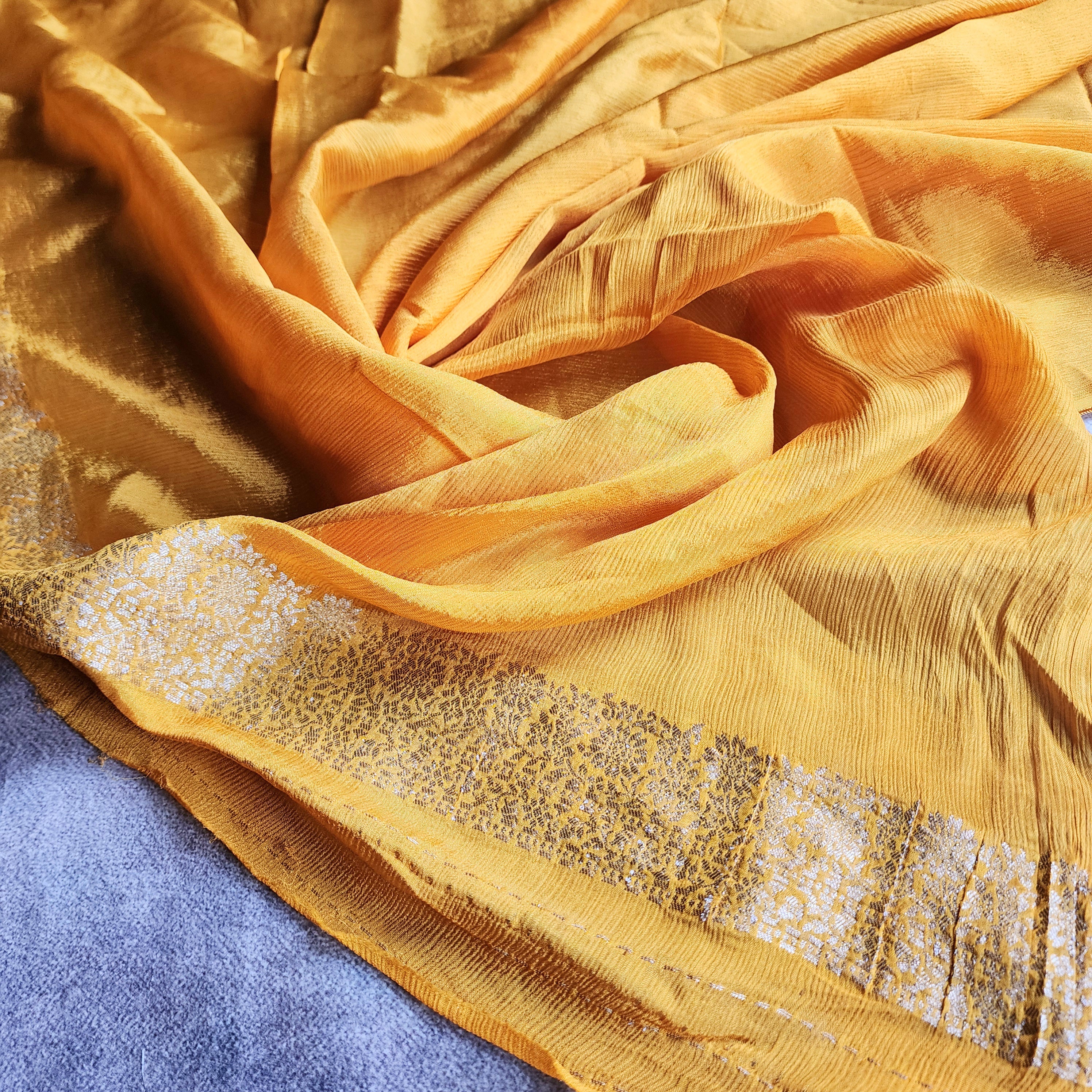 Marigold Mustard Yellow Crepe Silk Saree