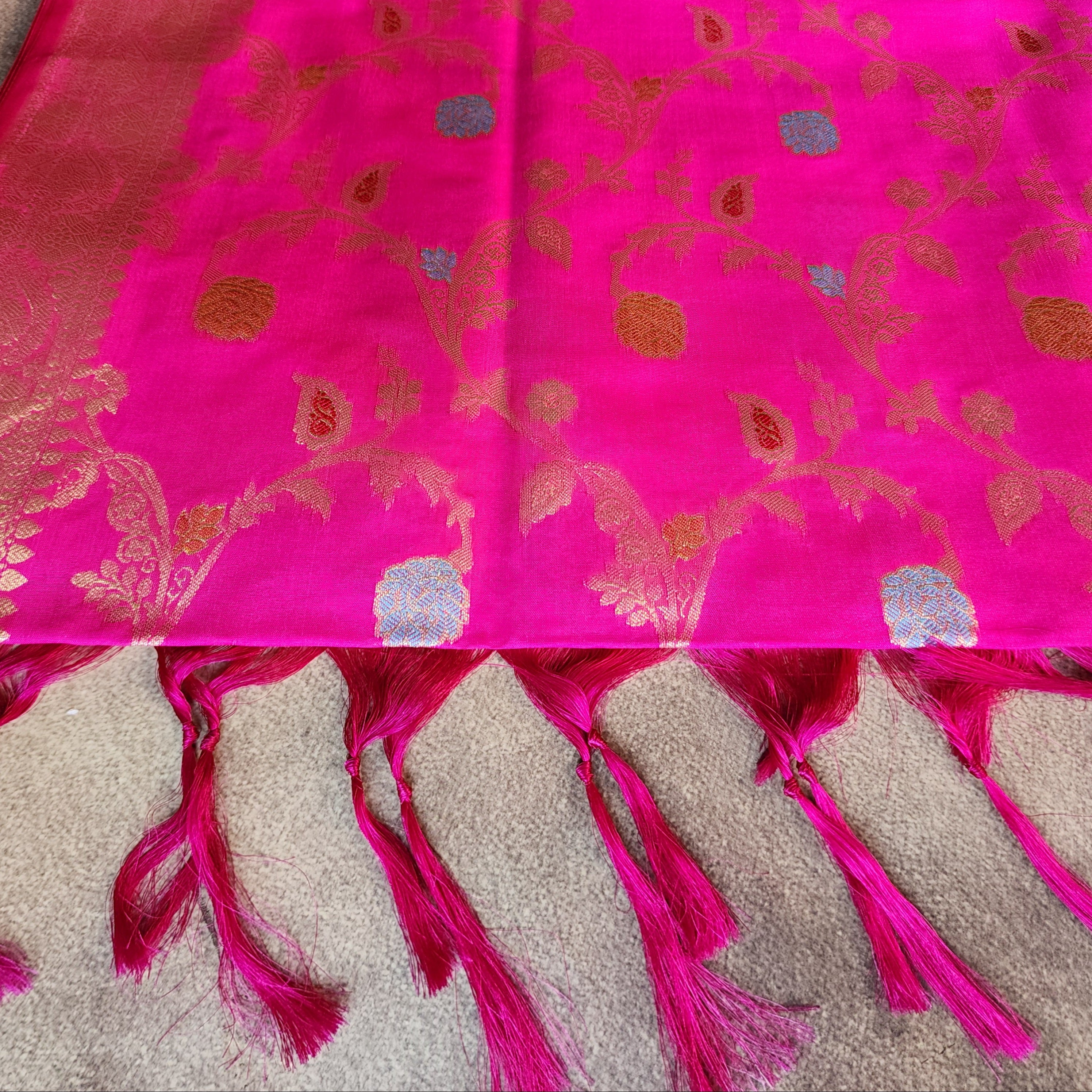 Hot Pink Banarasi Silk Dupatta with Gold Zari Border & Multicolor Meenakari Work