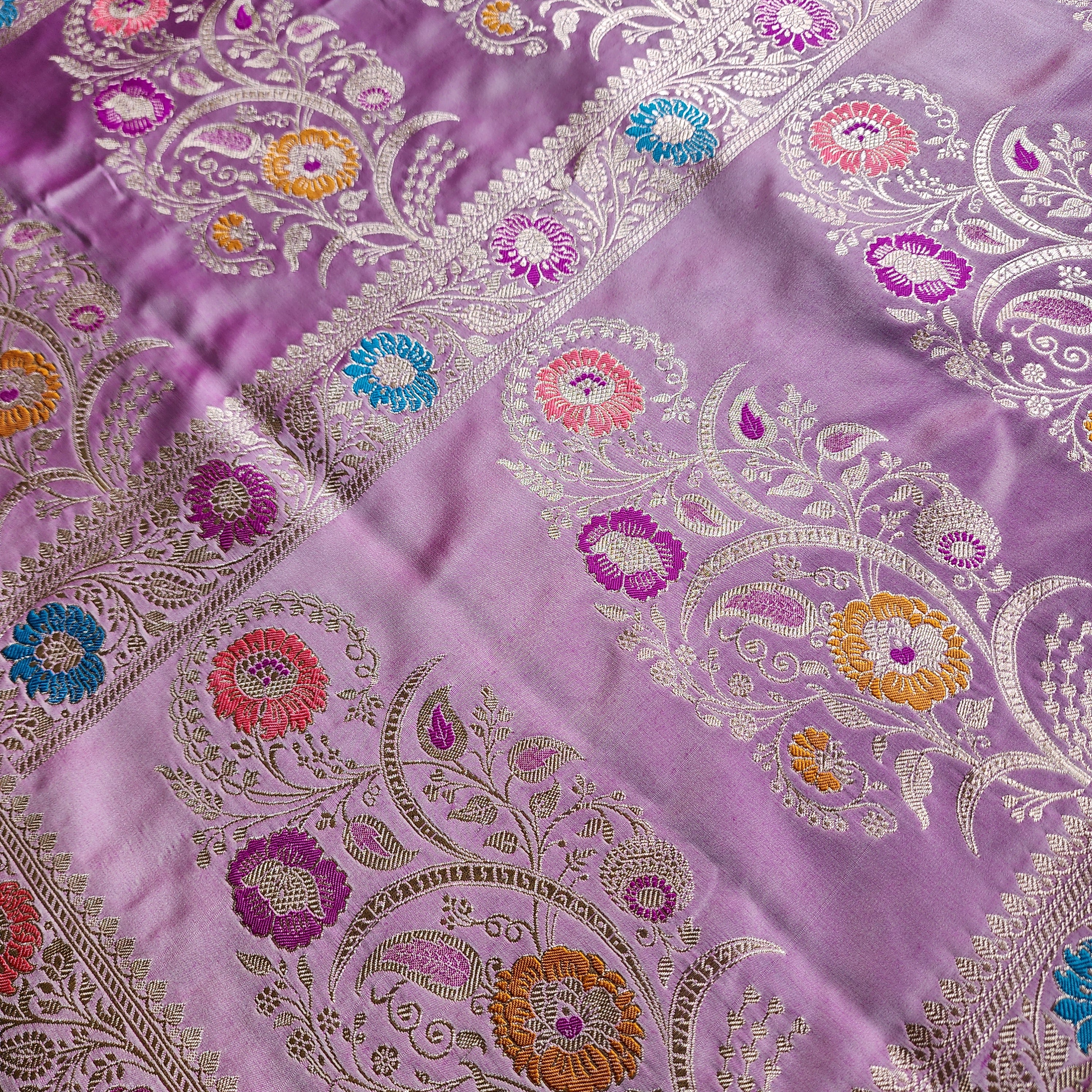 Enriched Banarasi Katan Silk Saree | Soft Lavender Pink Multicolor Meenakari Floral Jaal