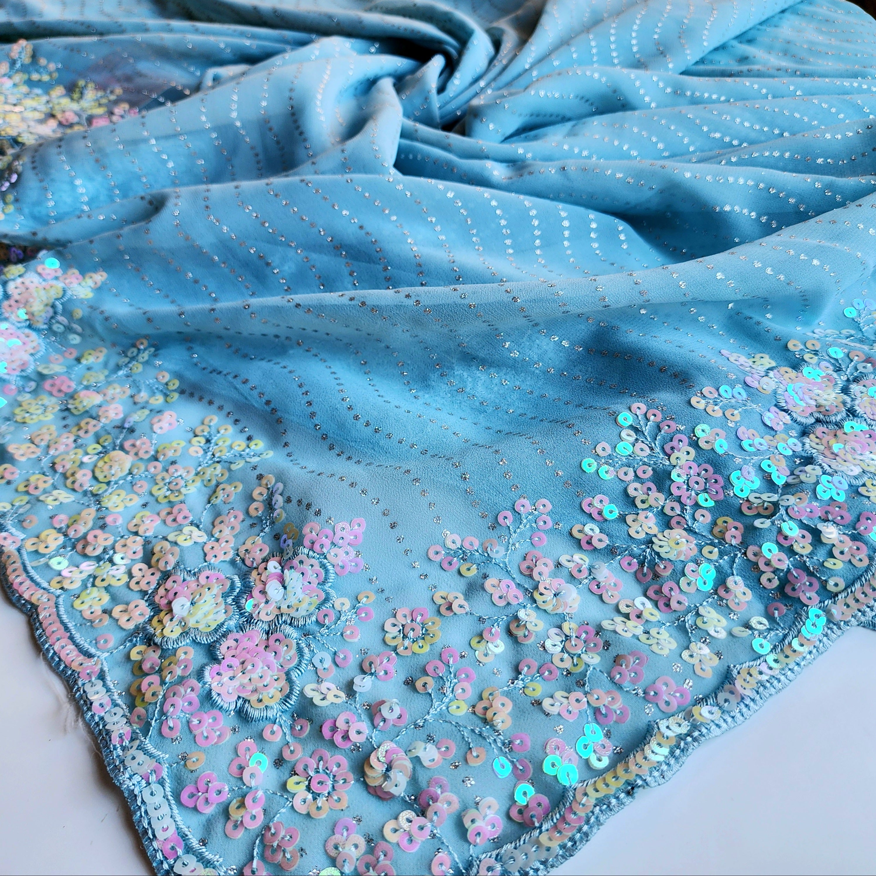 Soft Blue Designer Chiffon Silk Saree