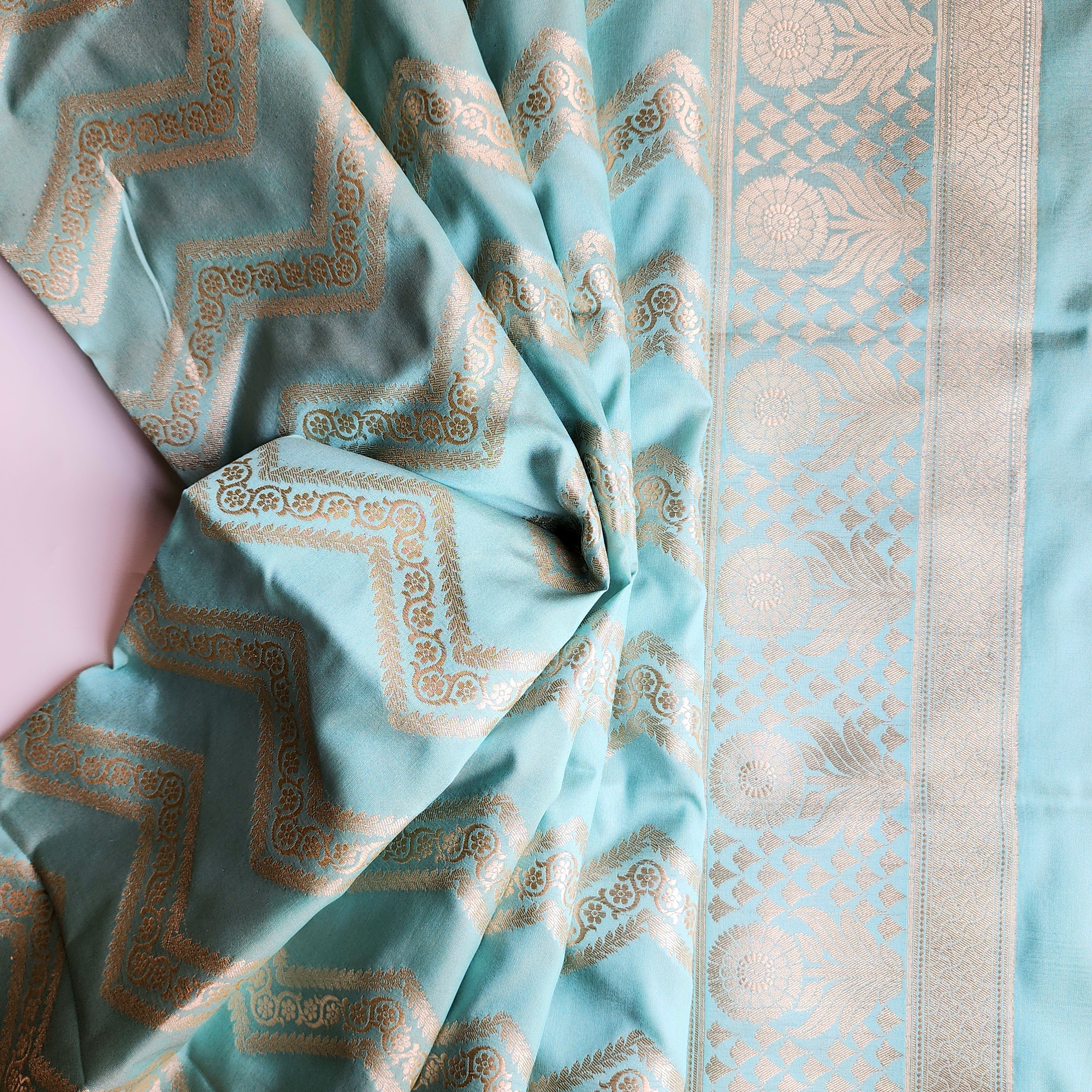 Robin Egg Blue Banarasi Dupatta with Golden Zigzag Pattern