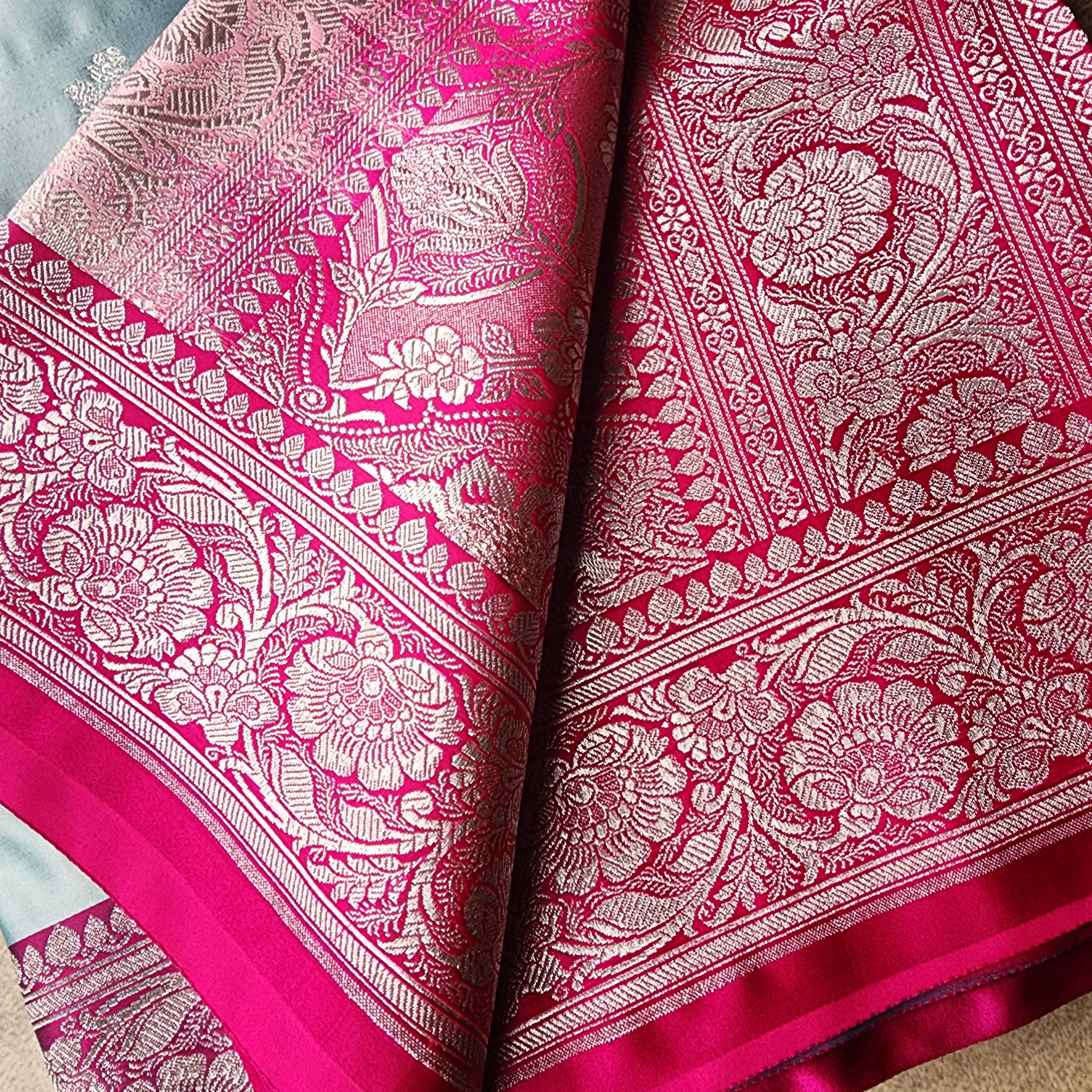 Pastel Aqua Blue Pure Banarasi Katan Silk Saree with light Gold Zari Weaving