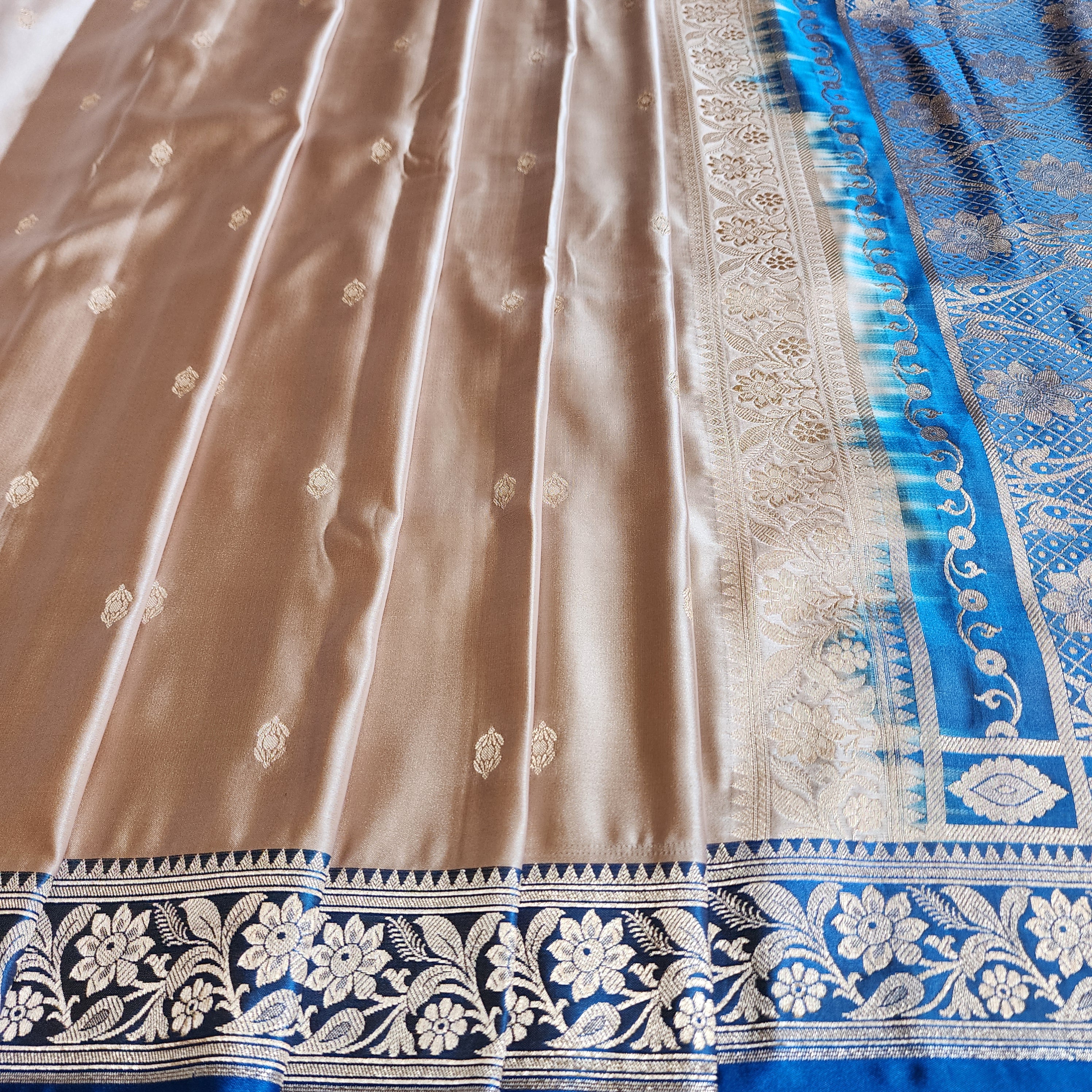 Champagne Beige Katan Silk Saree with Royal Blue and Gold Zari Border