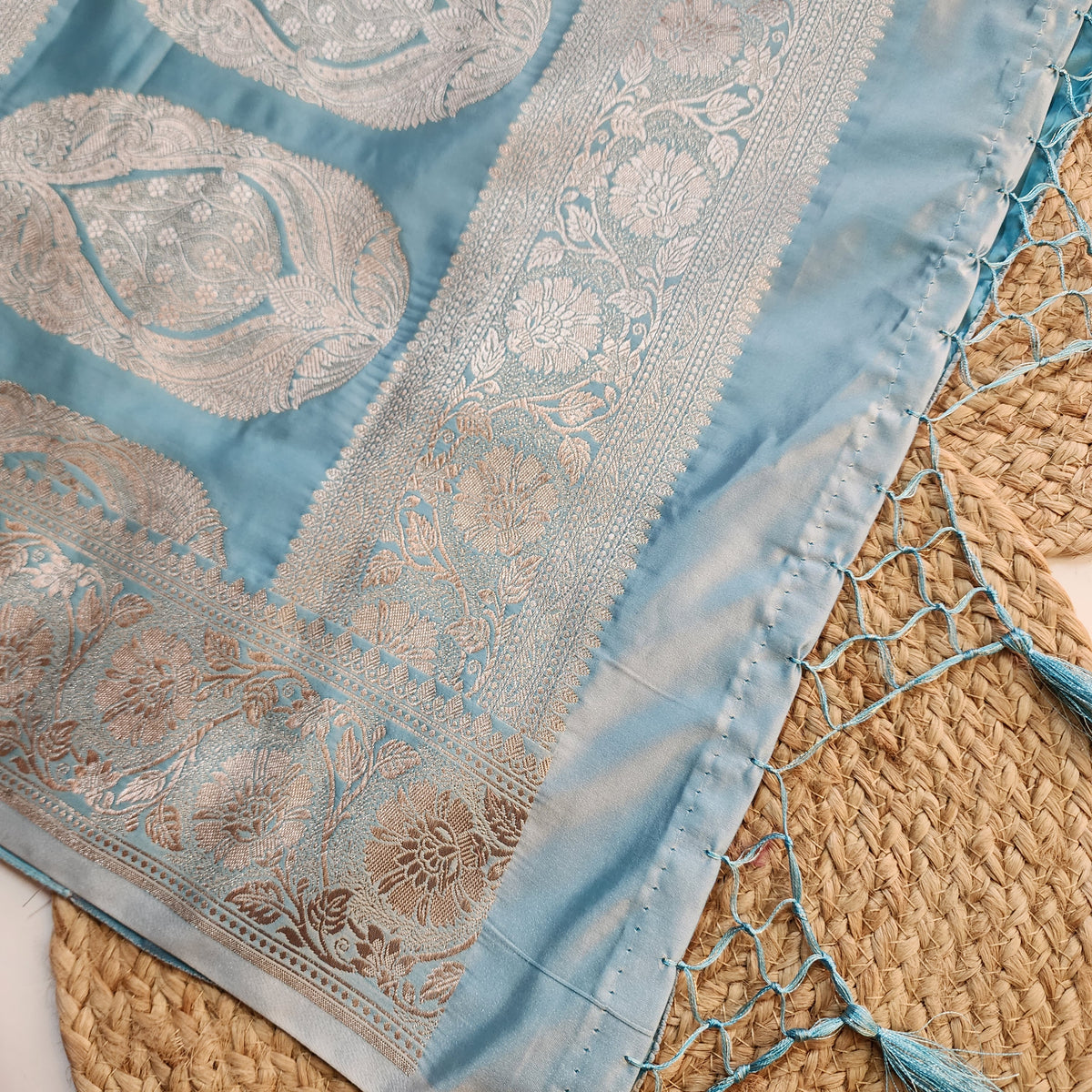Powder Blue Banarasi Katan Silk Saree with Floral Vine Jaal