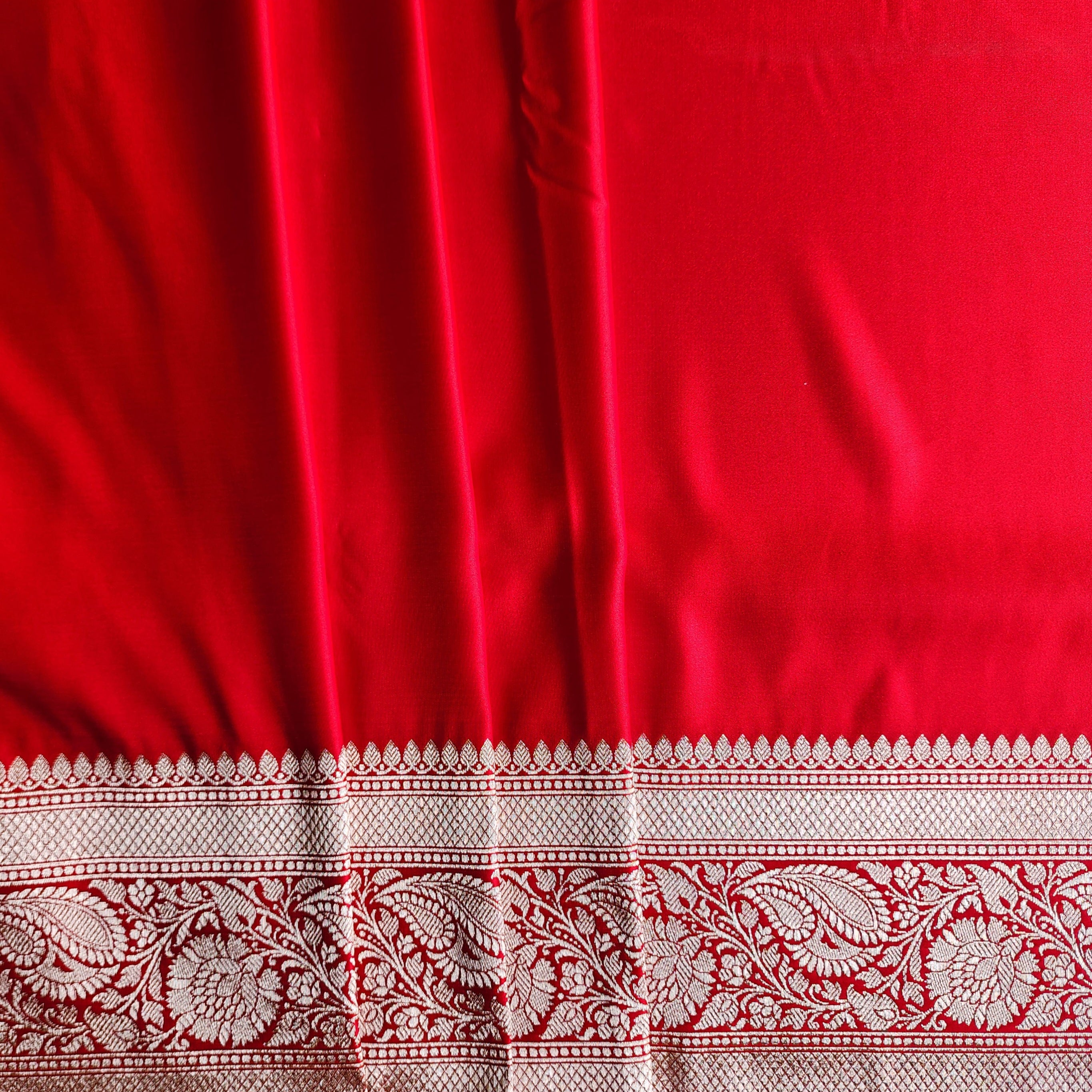 Rich Vermilion Red Pure Banarasi Katan Silk Saree with light Gold Zari Weaving