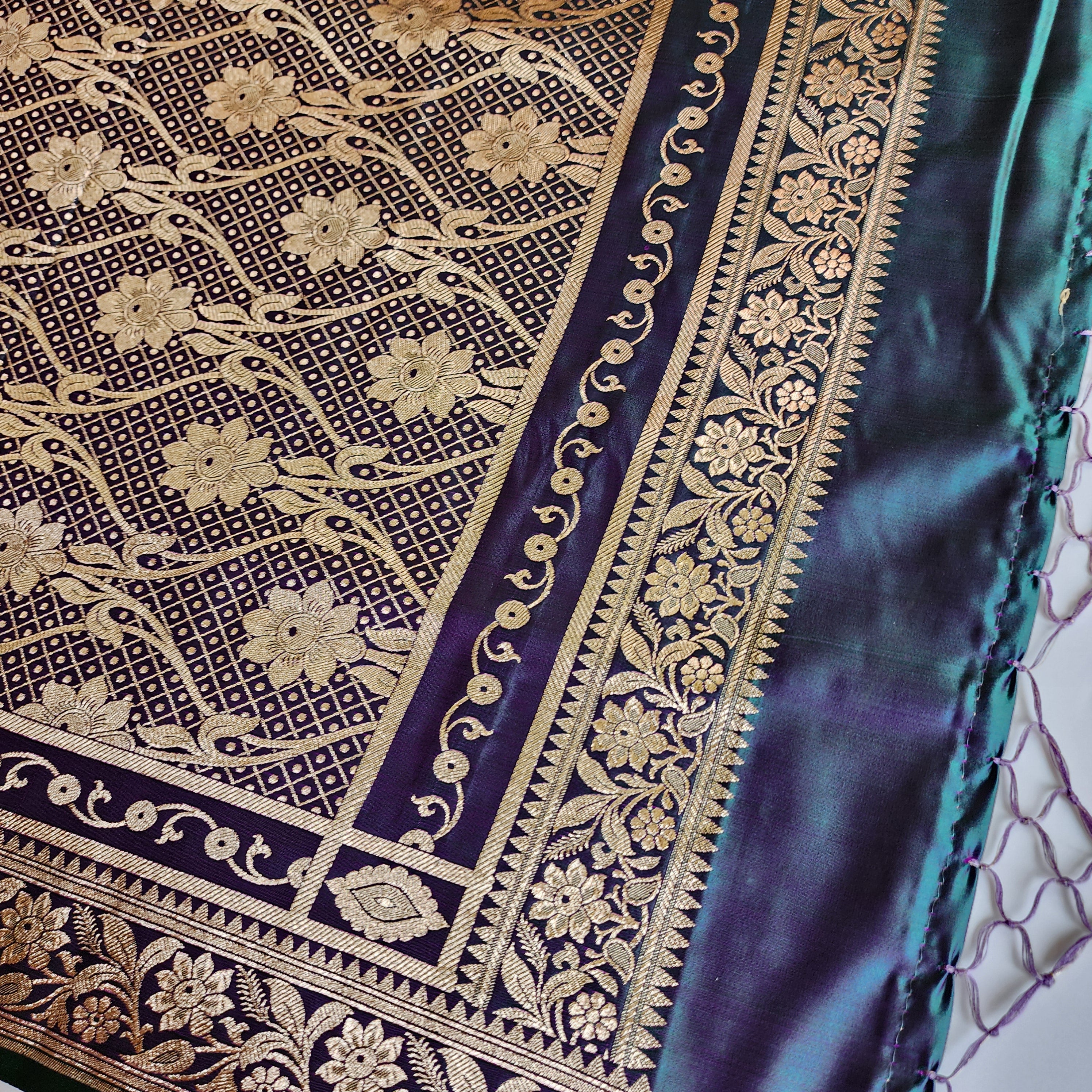 Lavender Katan Silk Saree with Emerald Green and Gold Zari Border