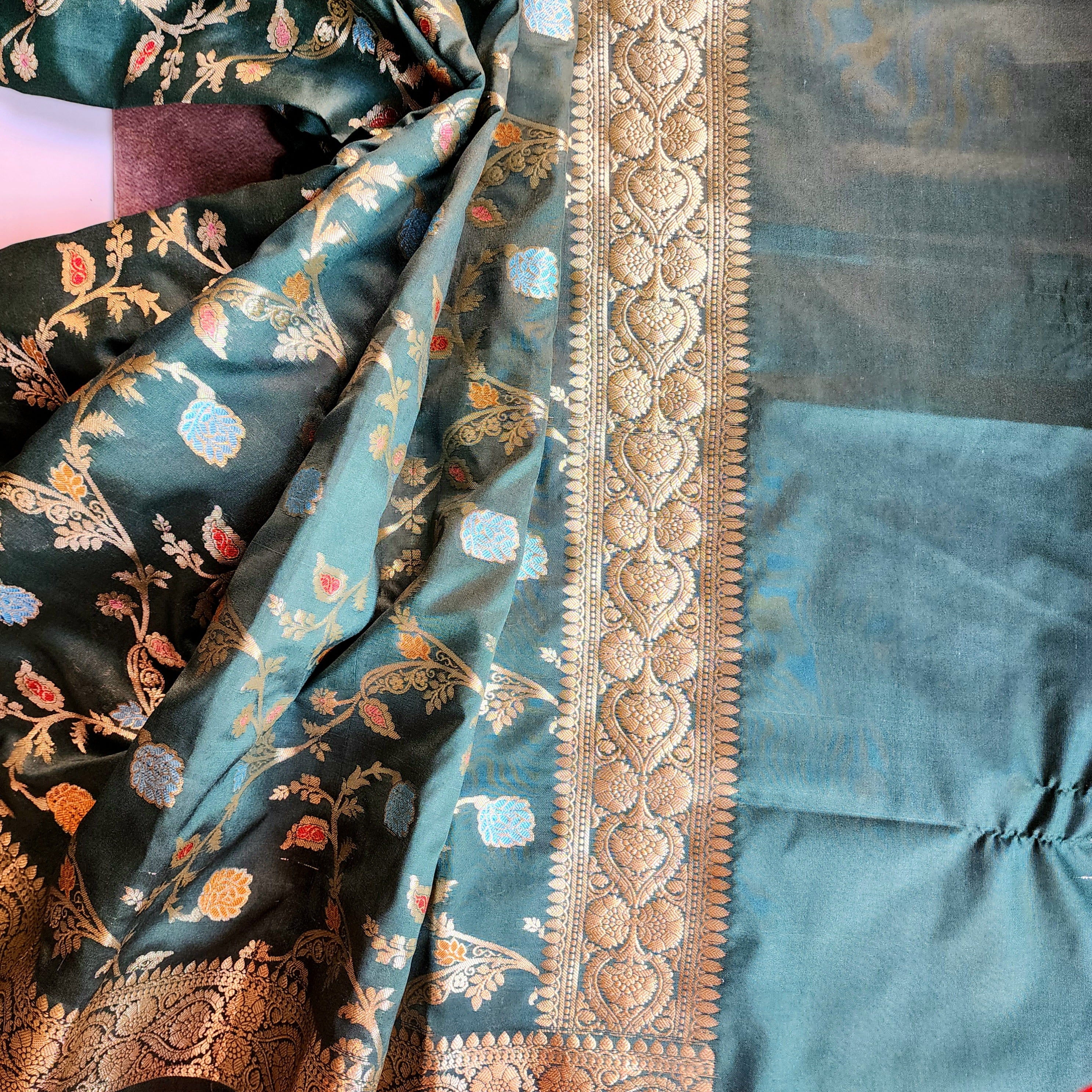 Bottle Green Banarasi Silk Dupatta with Gold Zari Border & Multicolor Meenakari Work