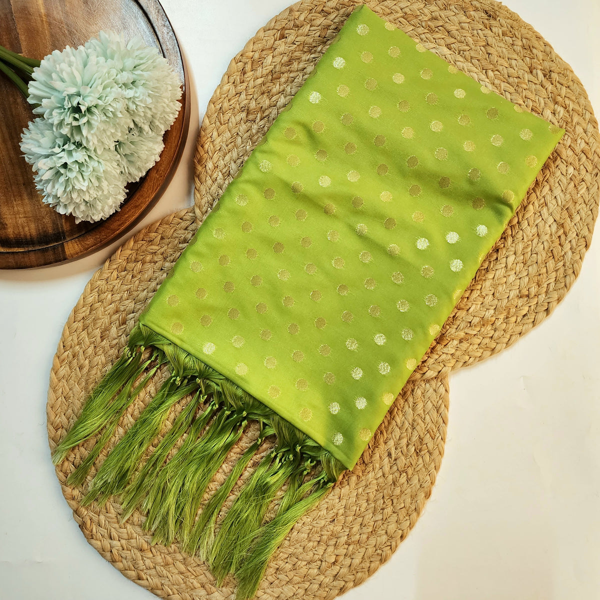 Lime Green Banarasi Silk Dupatta with Gold Polka Dot