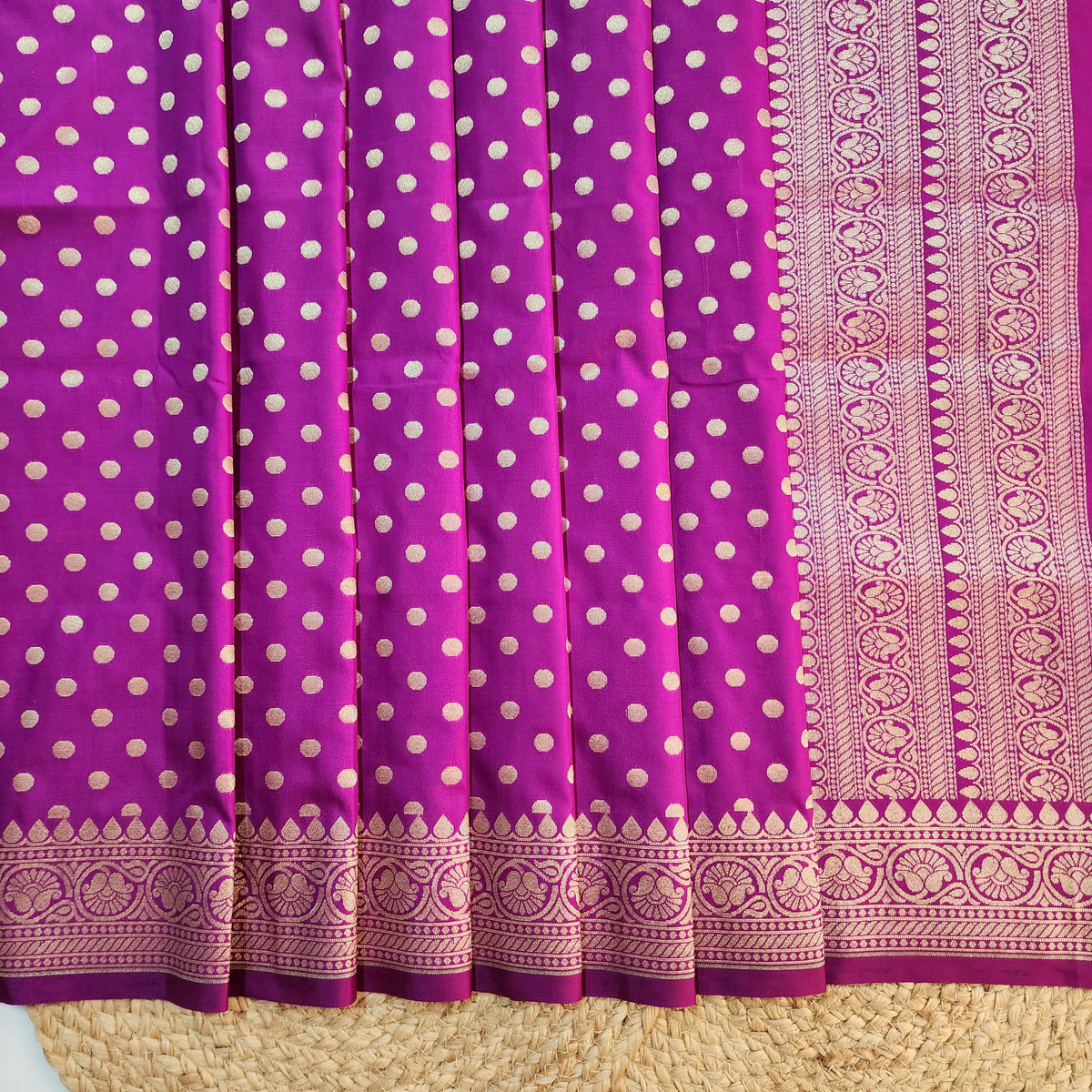 Magenta Purple Banarasi Silk Dupatta with Gold Polka Dot