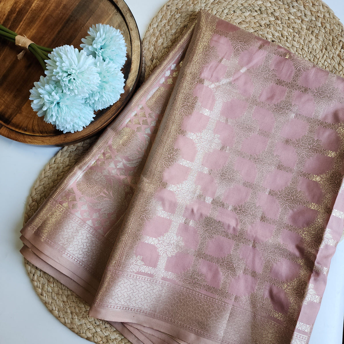 Rose Pink Banarasi Dupatta - Golden Lattice Weave