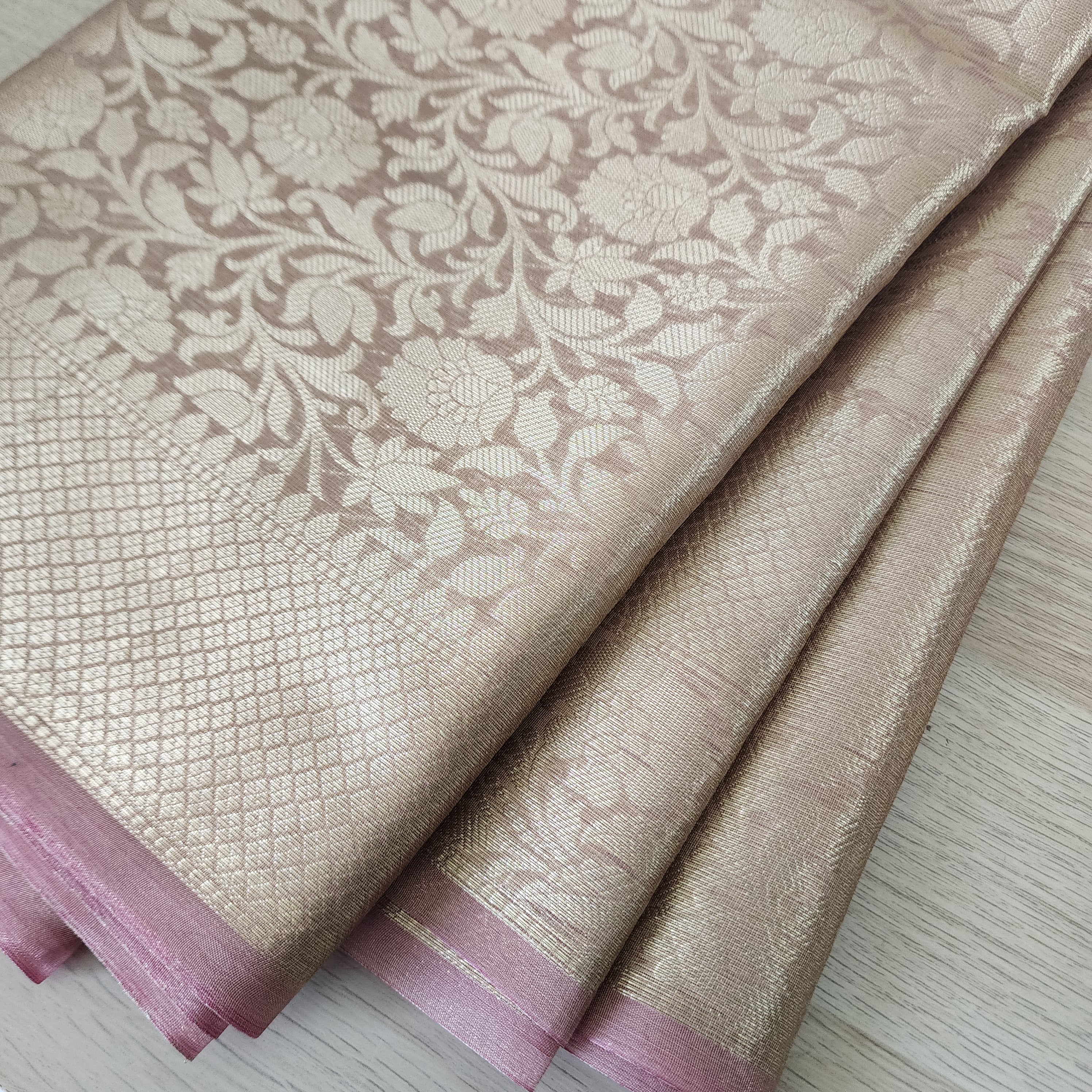 Temple Gold Kanjivaram Style Tissue Silk with Blush Pink Border
