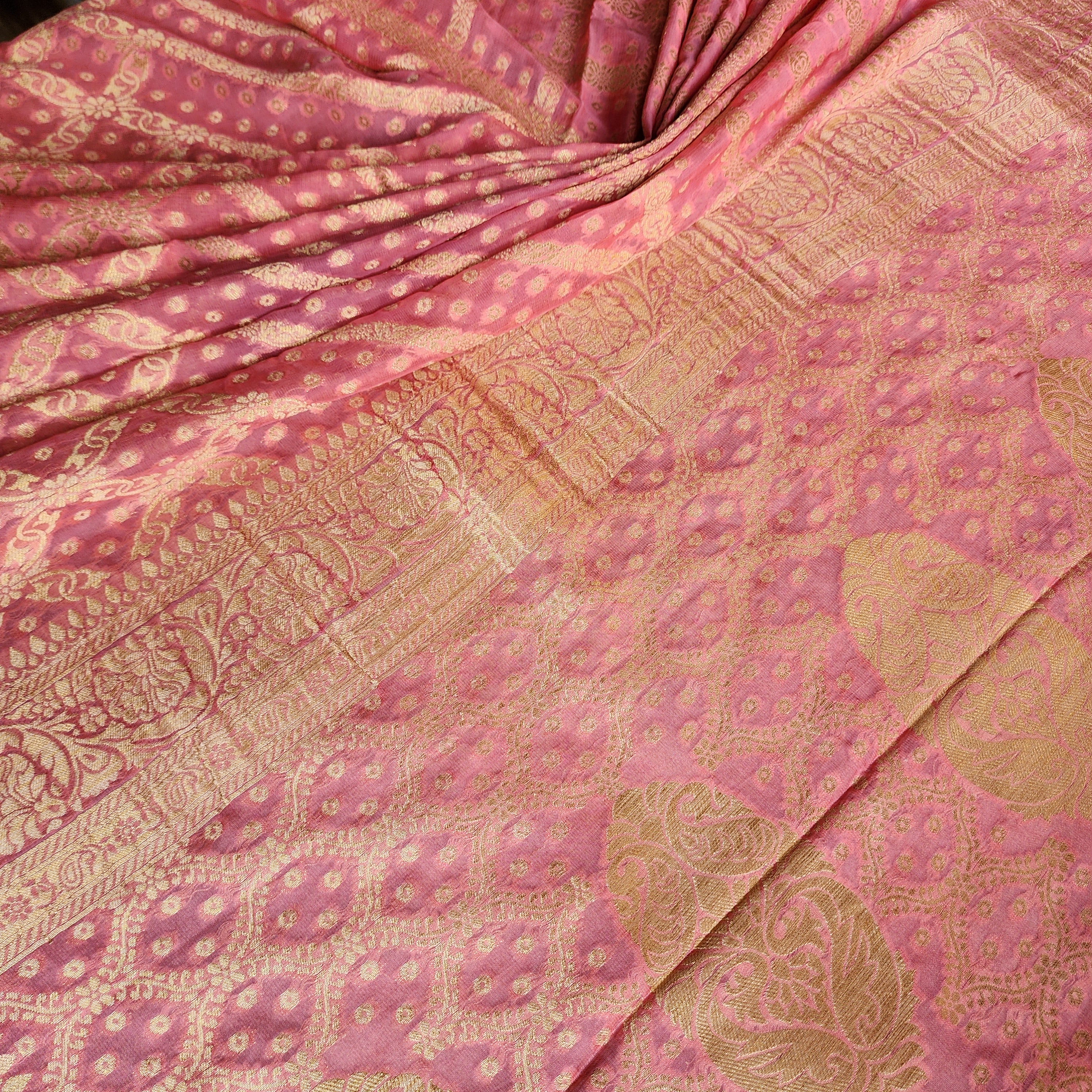 Flamingo Pink Pure Khaddi Georgette Banarasi Saree with Golden Zari