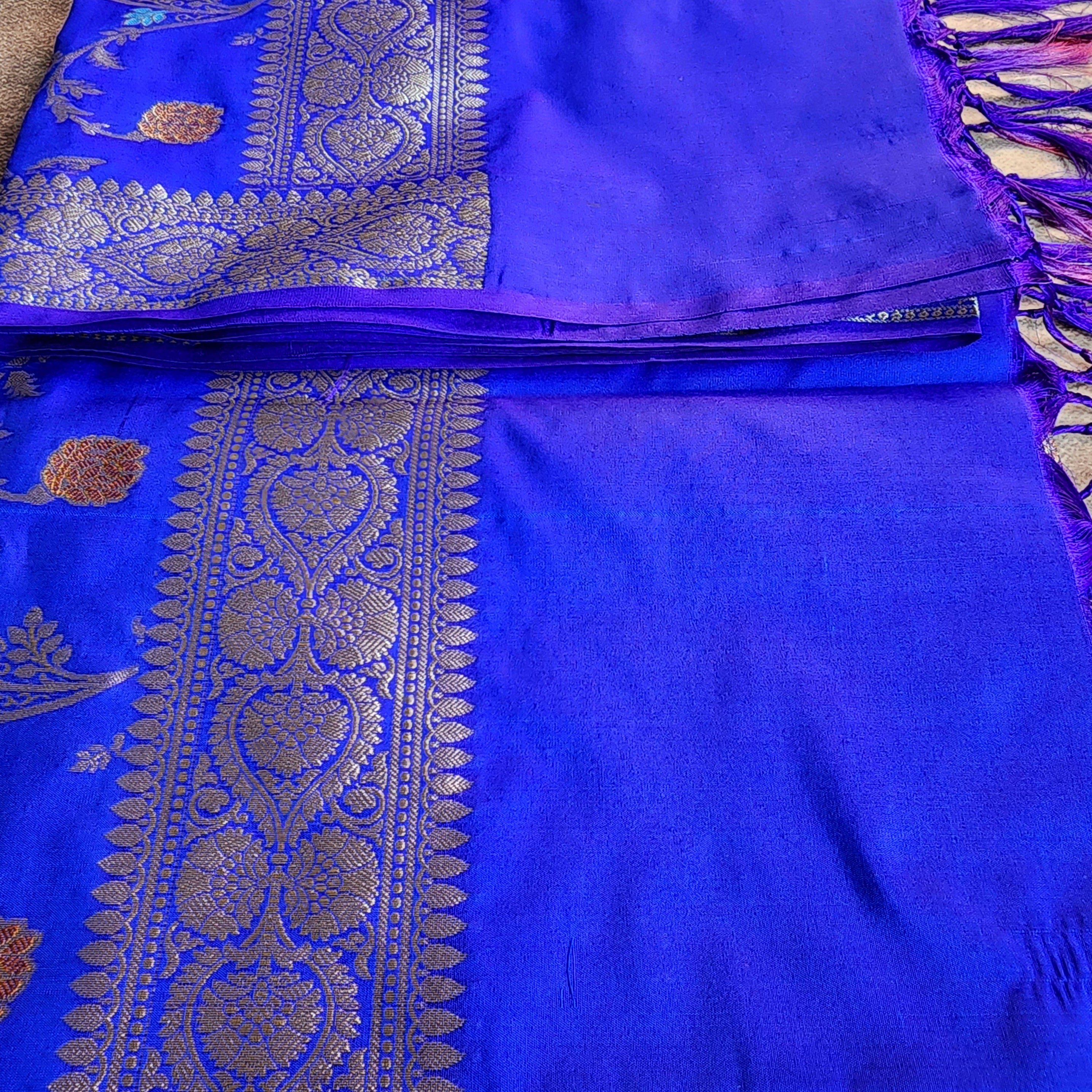 Royal Blue Banarasi Silk Dupatta with Gold Zari Border & Multicolor Meenakari Work