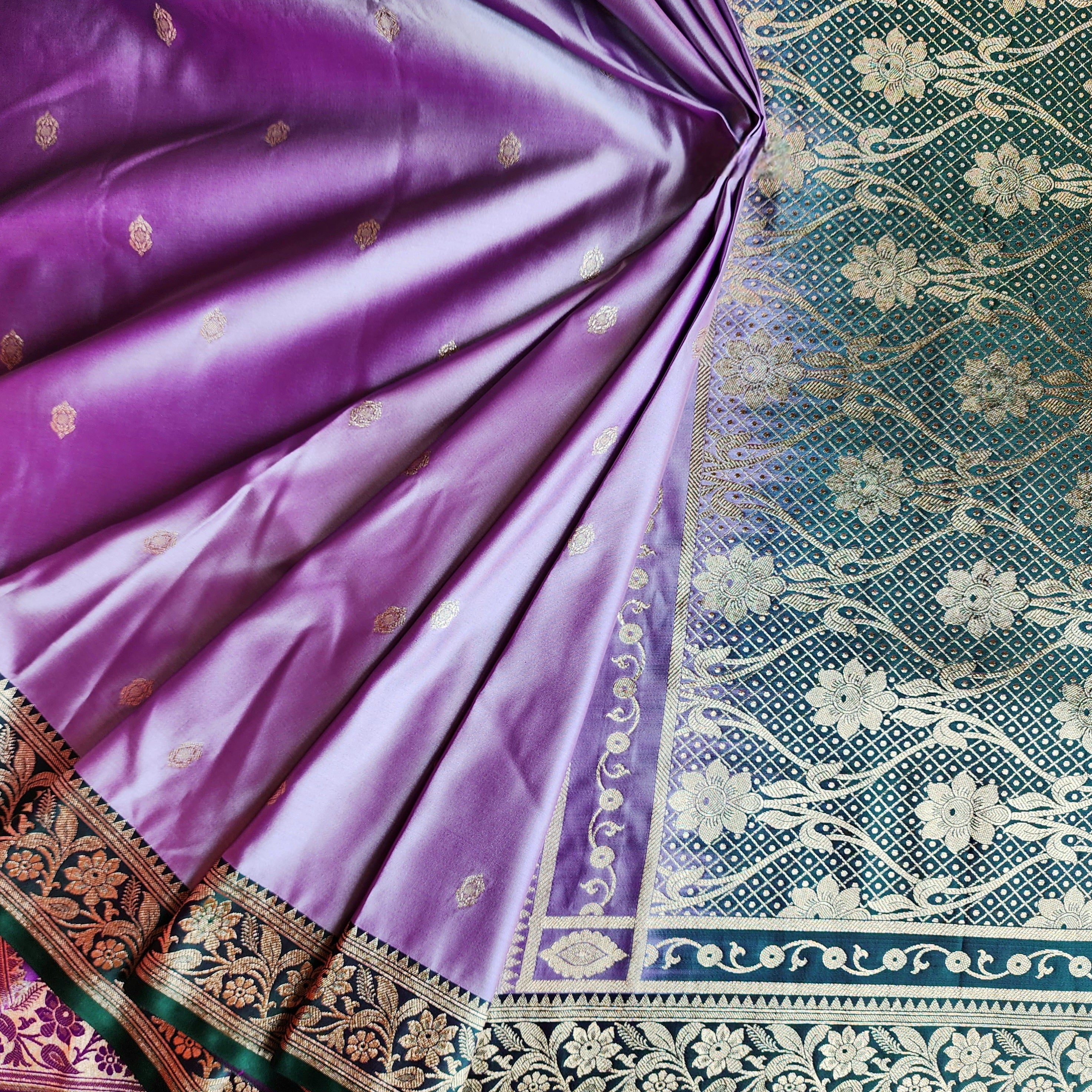 Lavender Katan Silk Saree with Emerald Green and Gold Zari Border