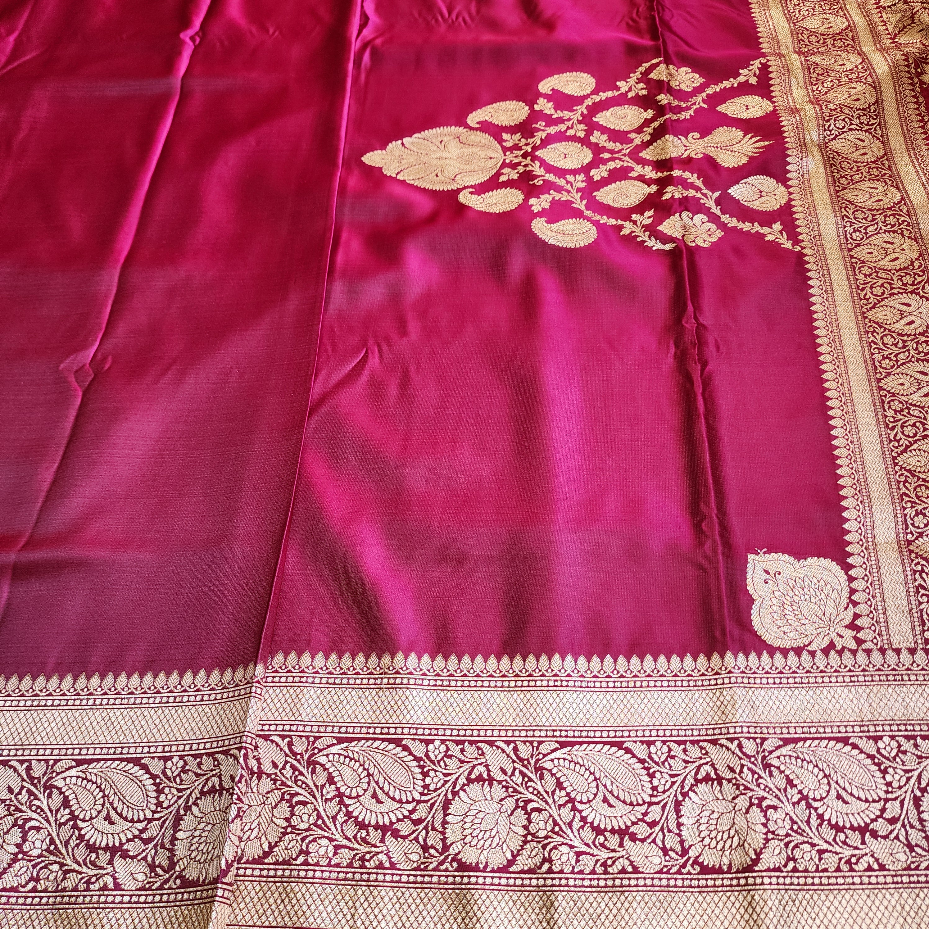 Hot Pink Pure Banarasi Katan Silk Saree with light Gold Zari Weaving