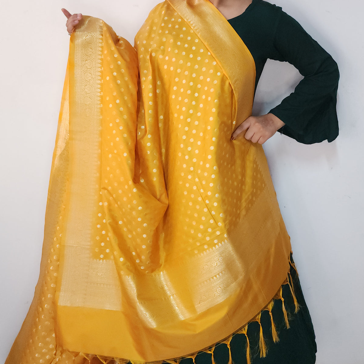 Mustard Yellow Banarasi Silk Dupatta with Gold Polka Dot
