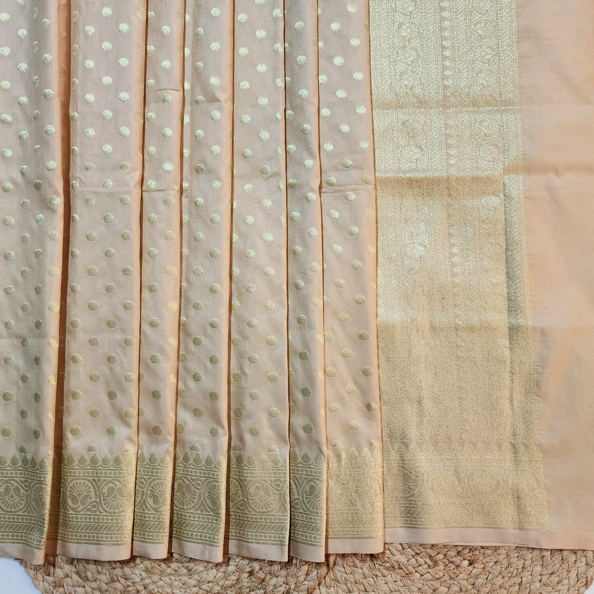 Champagne Beige Banarasi Silk Dupatta with Gold Polka Dot