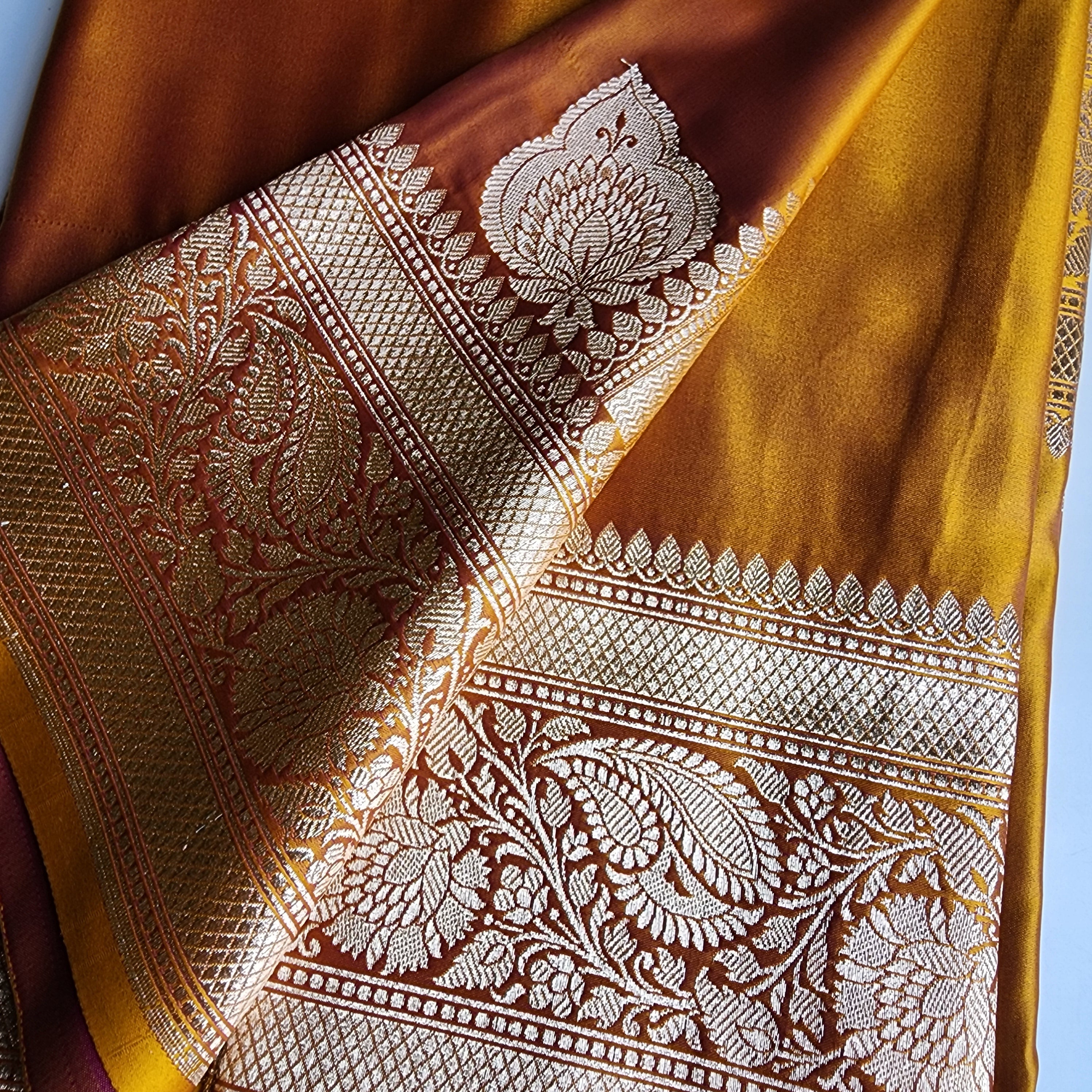Rich Marigold Yellow Pure Banarasi Katan Silk Saree with light Gold Zari Weaving