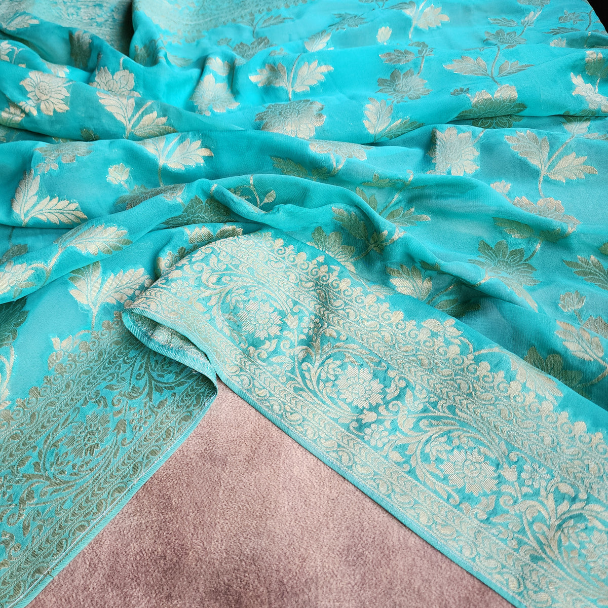 Khaddi Georgette Pure Banarasi Saree in Turquoise