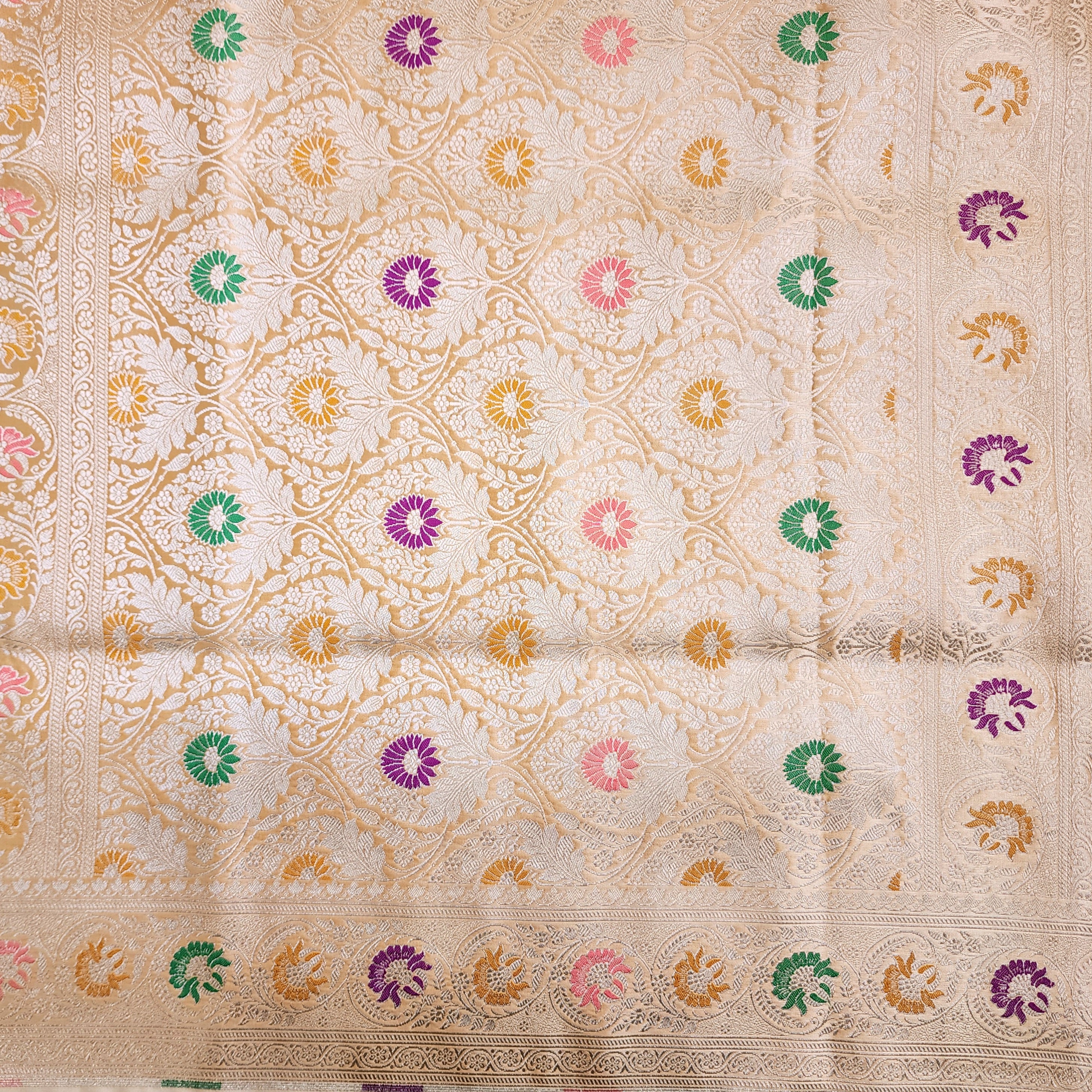 Enriched Dark Orange Banarasi Katan Silk Saree with Multicolor Meenakari Floral Jaal