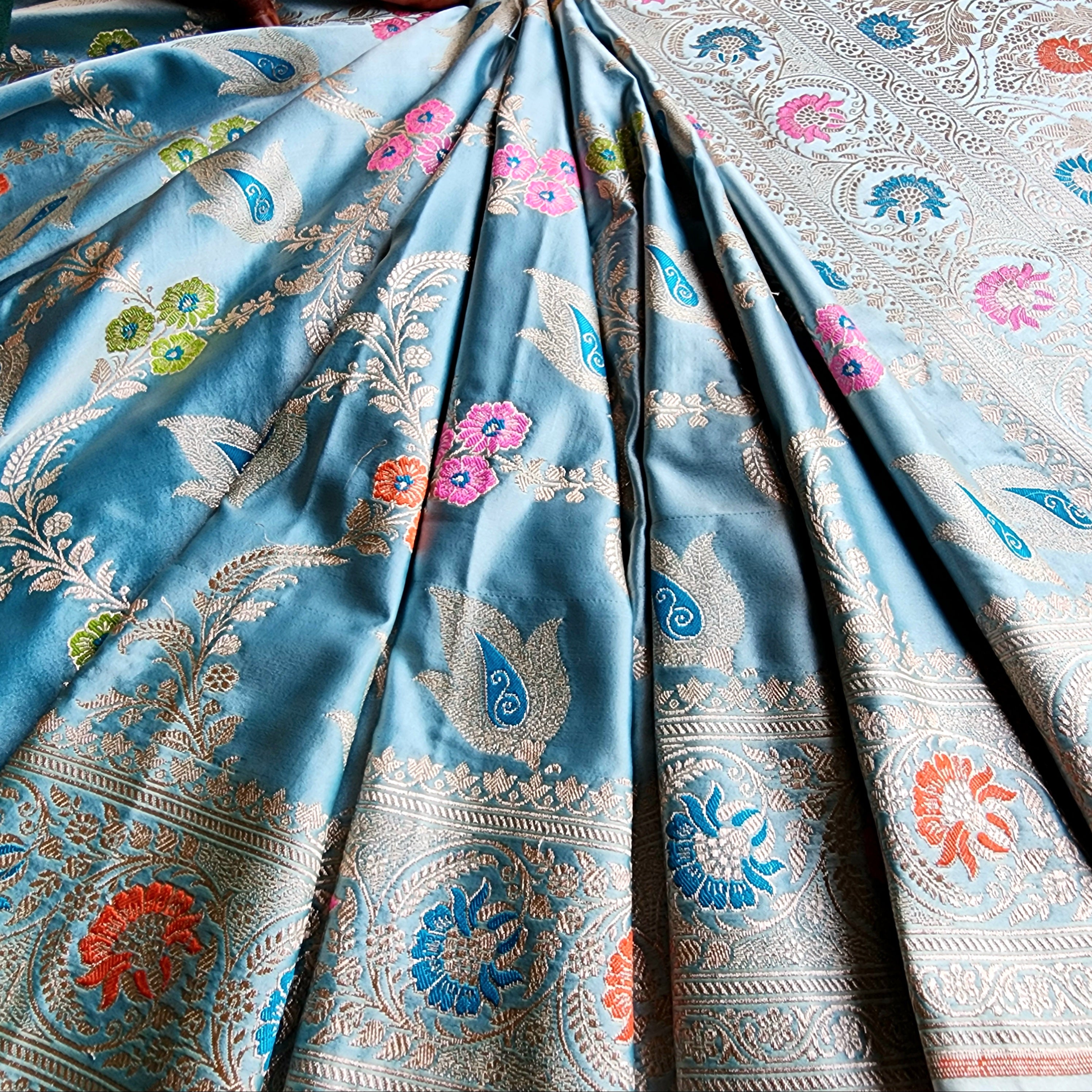 Enriched Powder Blue Banarasi Katan Silk Saree with Multicolor Meenakari Floral Jaal
